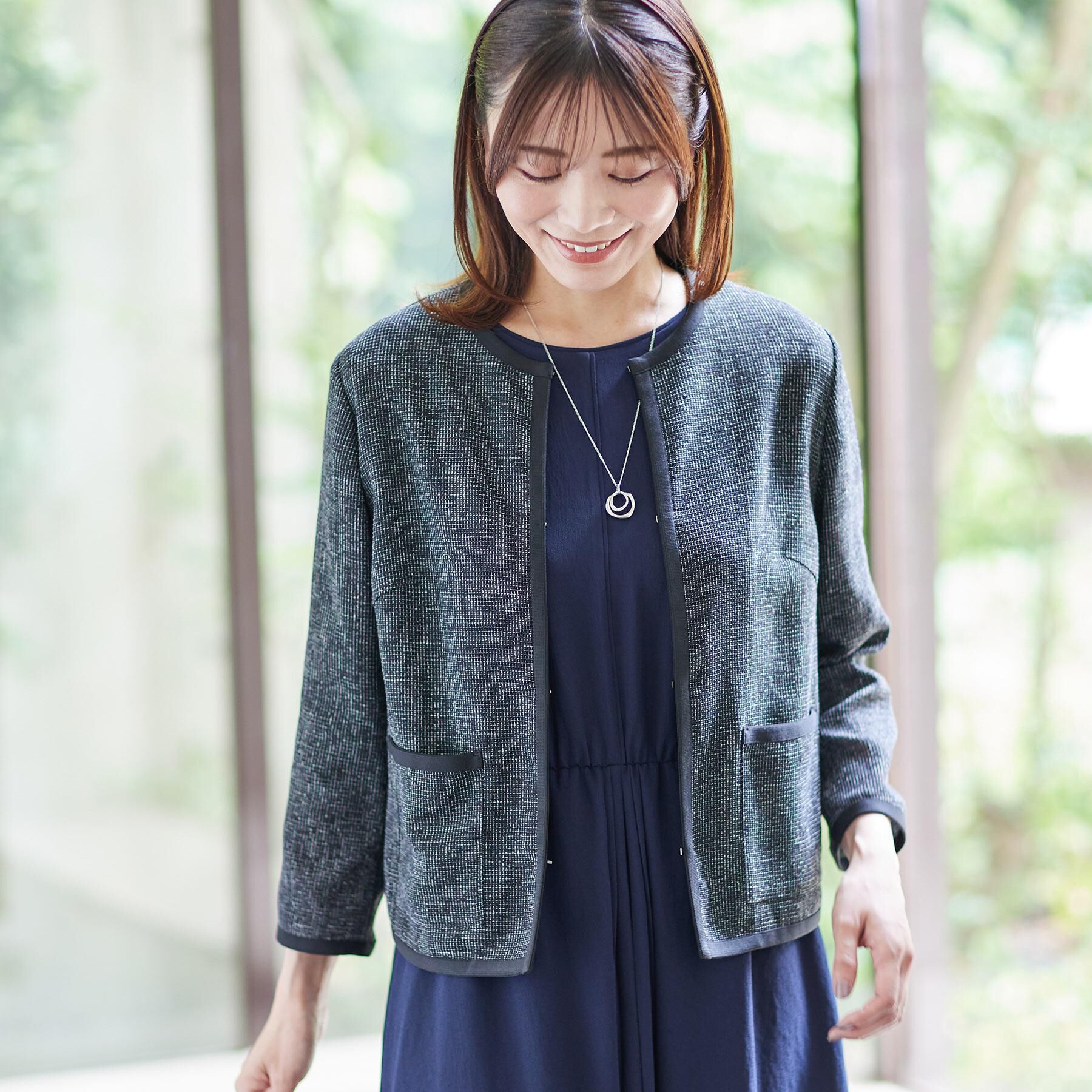 Reflect「【軽い着心地】メッシュツイードジャケット」|ノーカラージャケット|