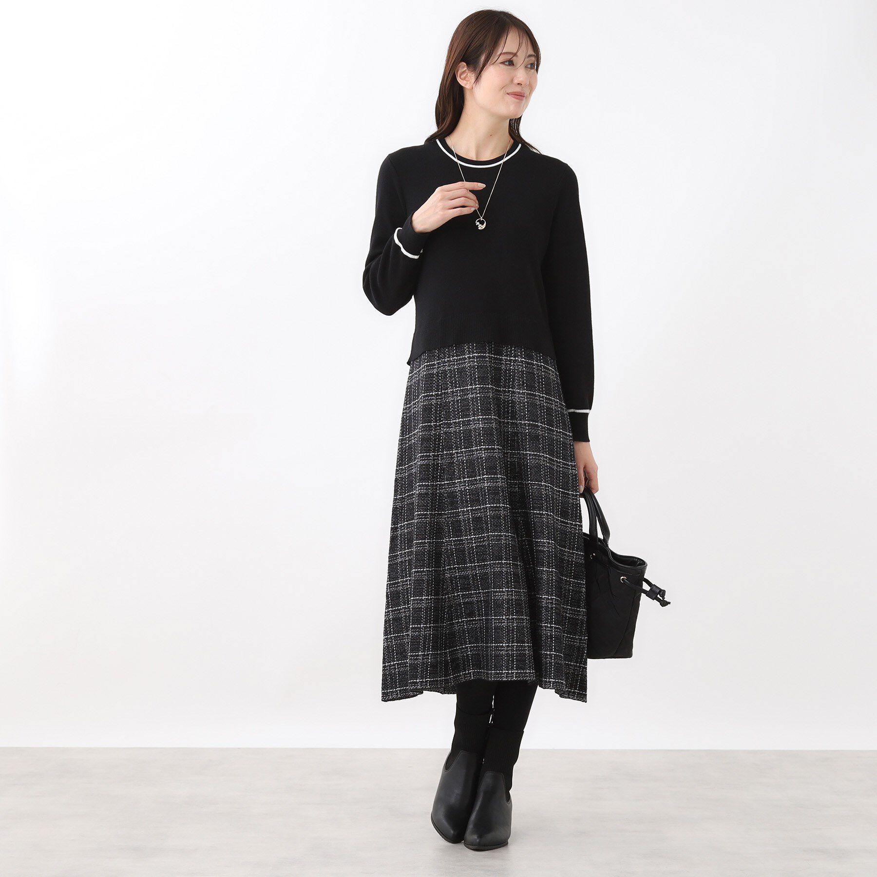 Reflect「【コートインでもすっきり◎】チェック柄ニットドッキングワンピース」|ワンピース|