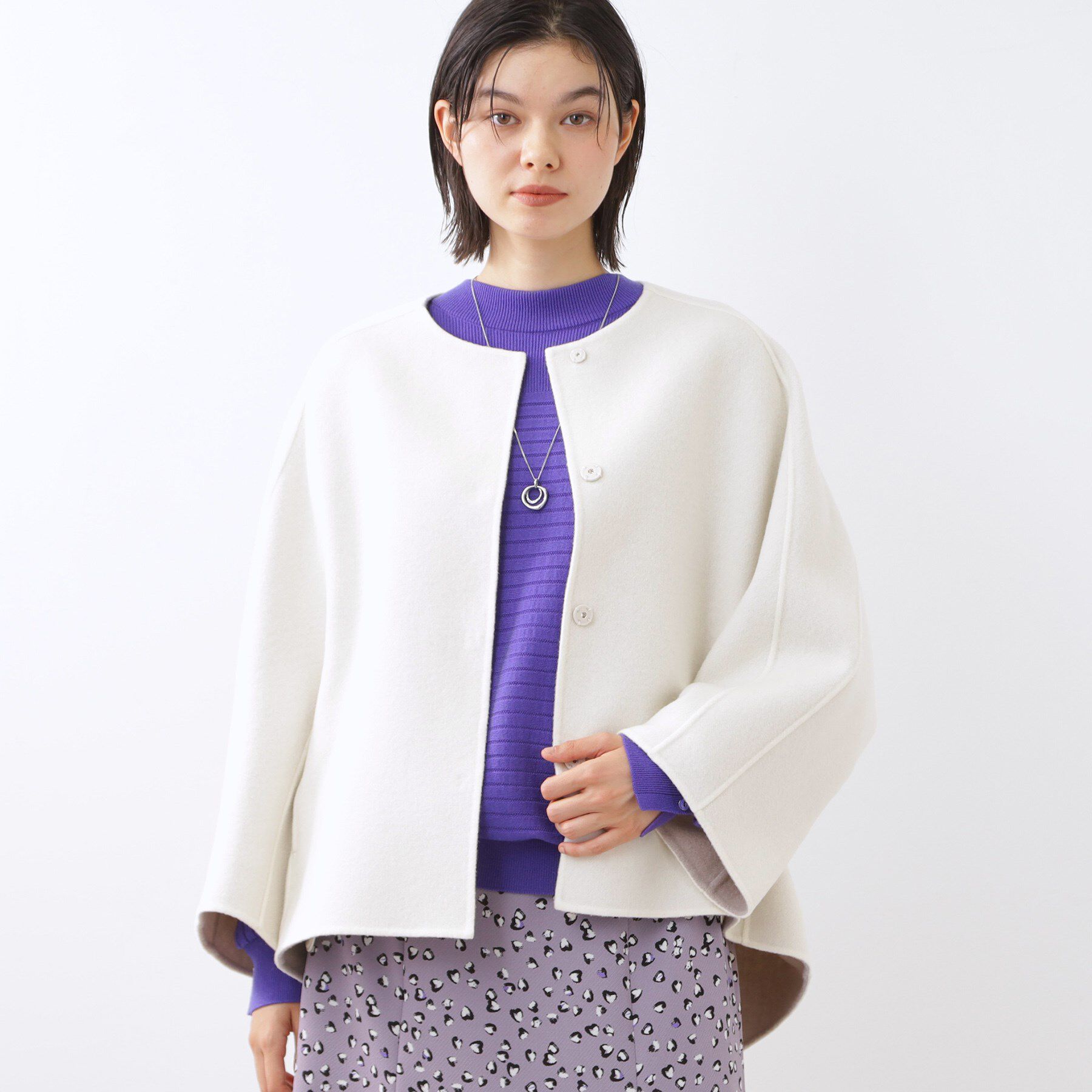 Reflect「リバー仕立てショートコート」|ノーカラーコート|