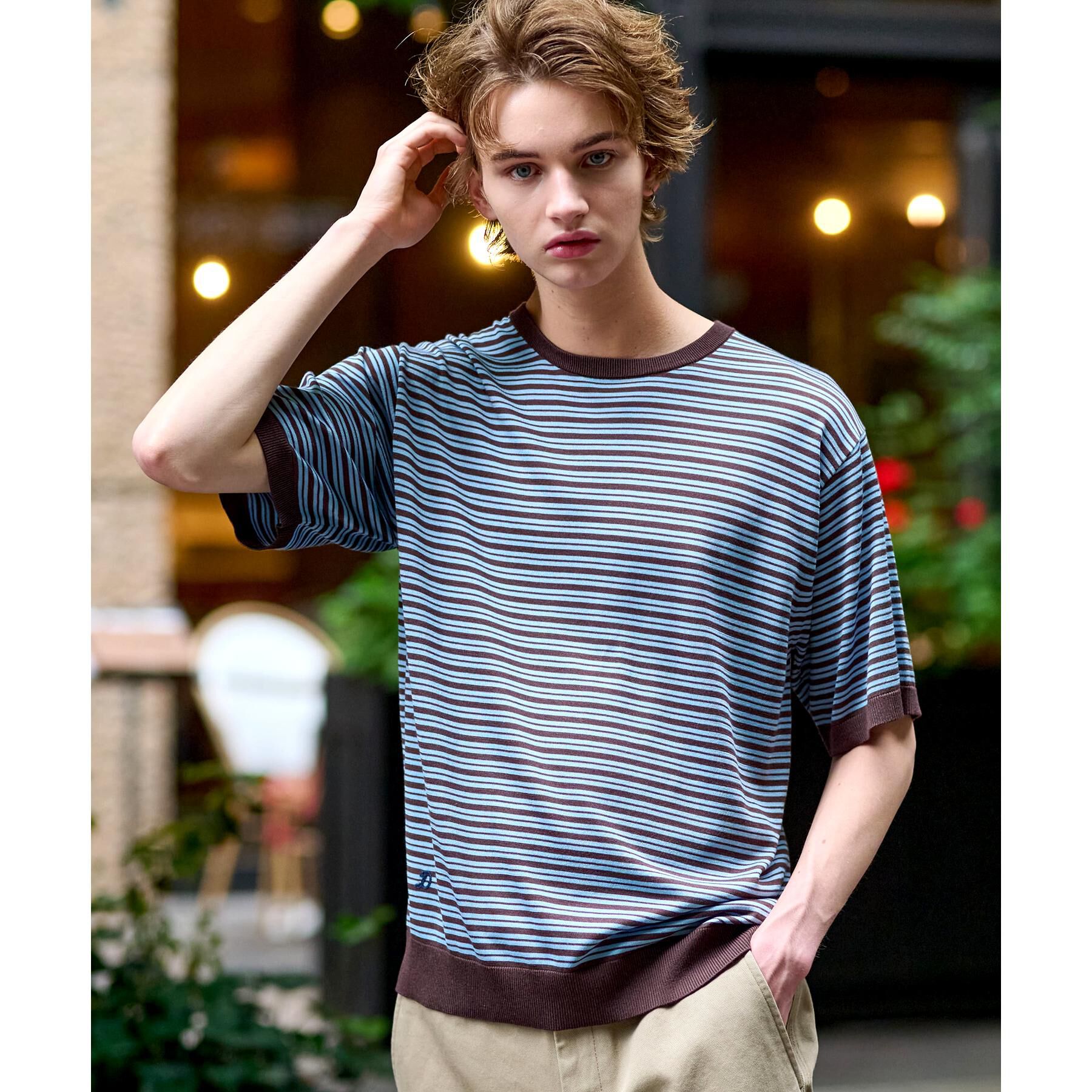 DRESSTERIOR「シルク混ボーダーハーフスリーブニットT」|ニット・セーター|ブラウン(044)