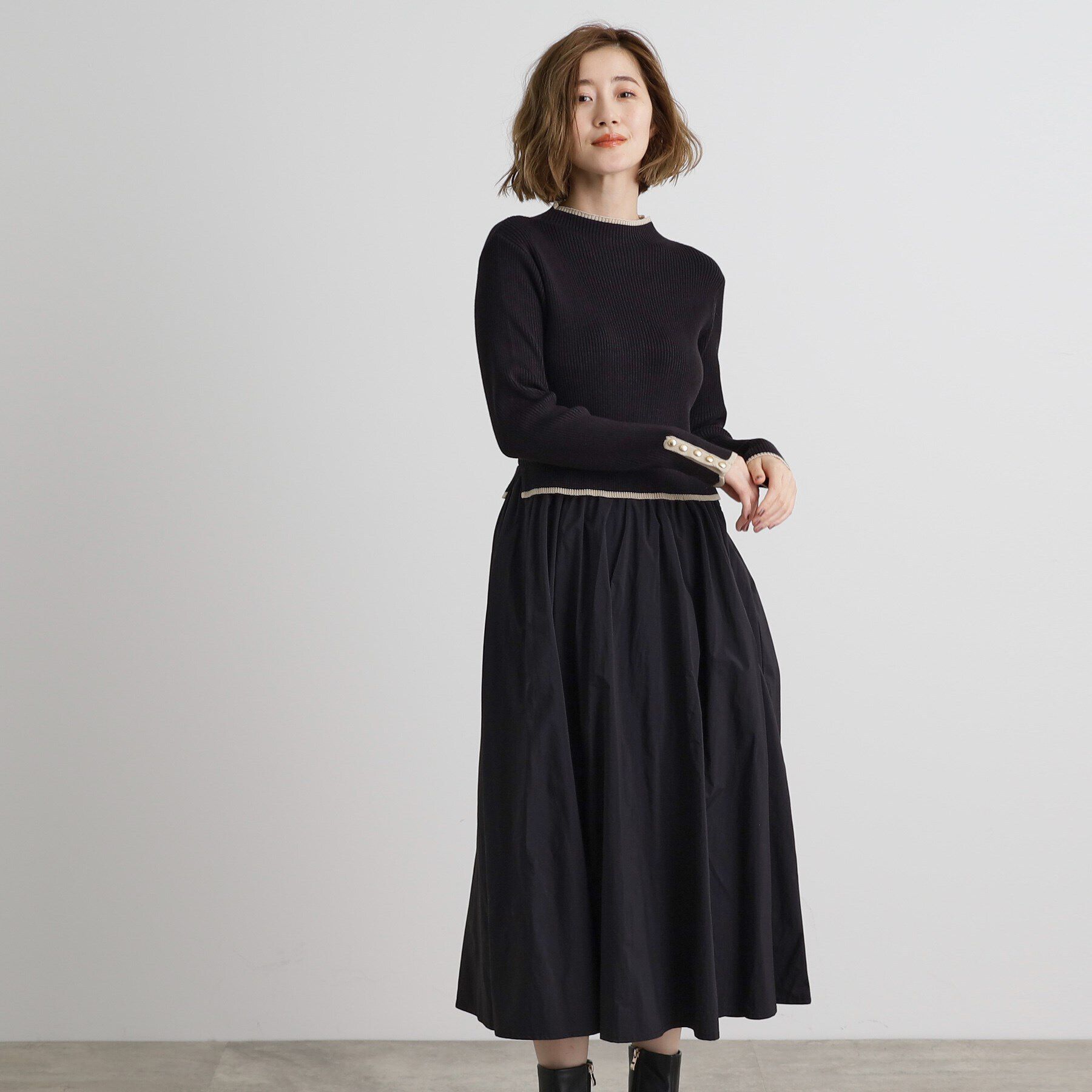 grove「配色リブニットドッキングワンピース」|ワンピース|ブラック(019)