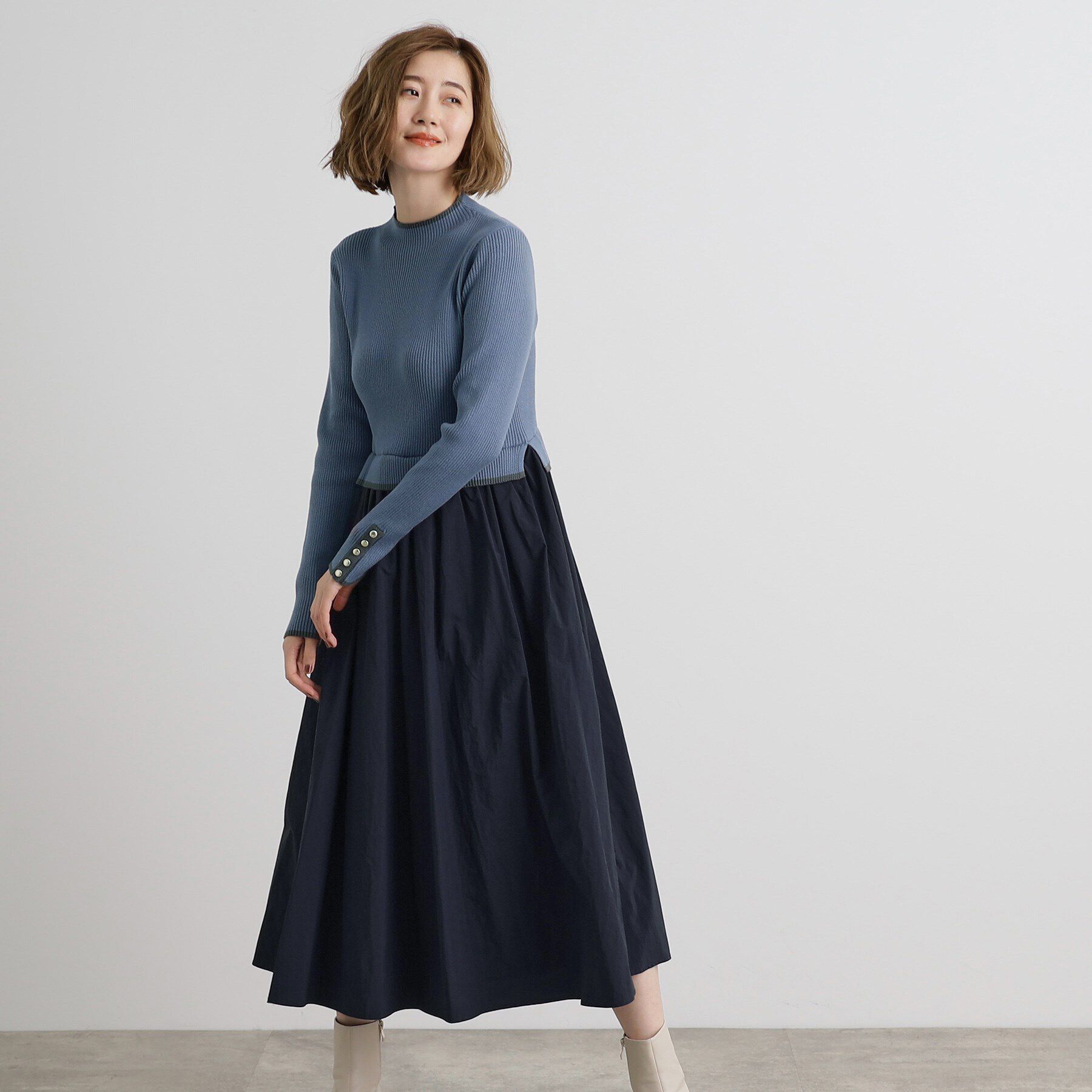 grove「配色リブニットドッキングワンピース」|ワンピース|ブルー(091)