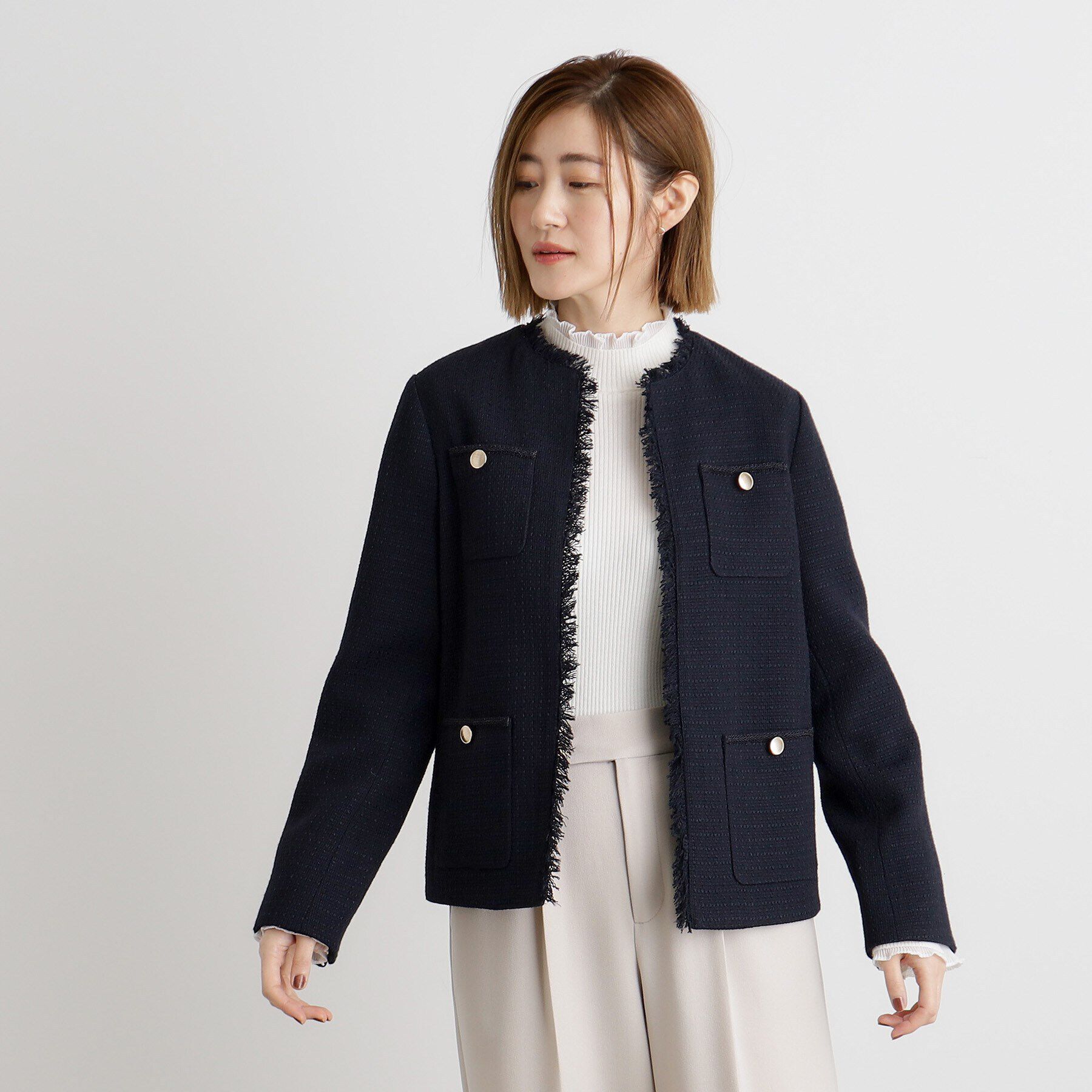 grove「フリンジツイードジャケット」|ノーカラージャケット|