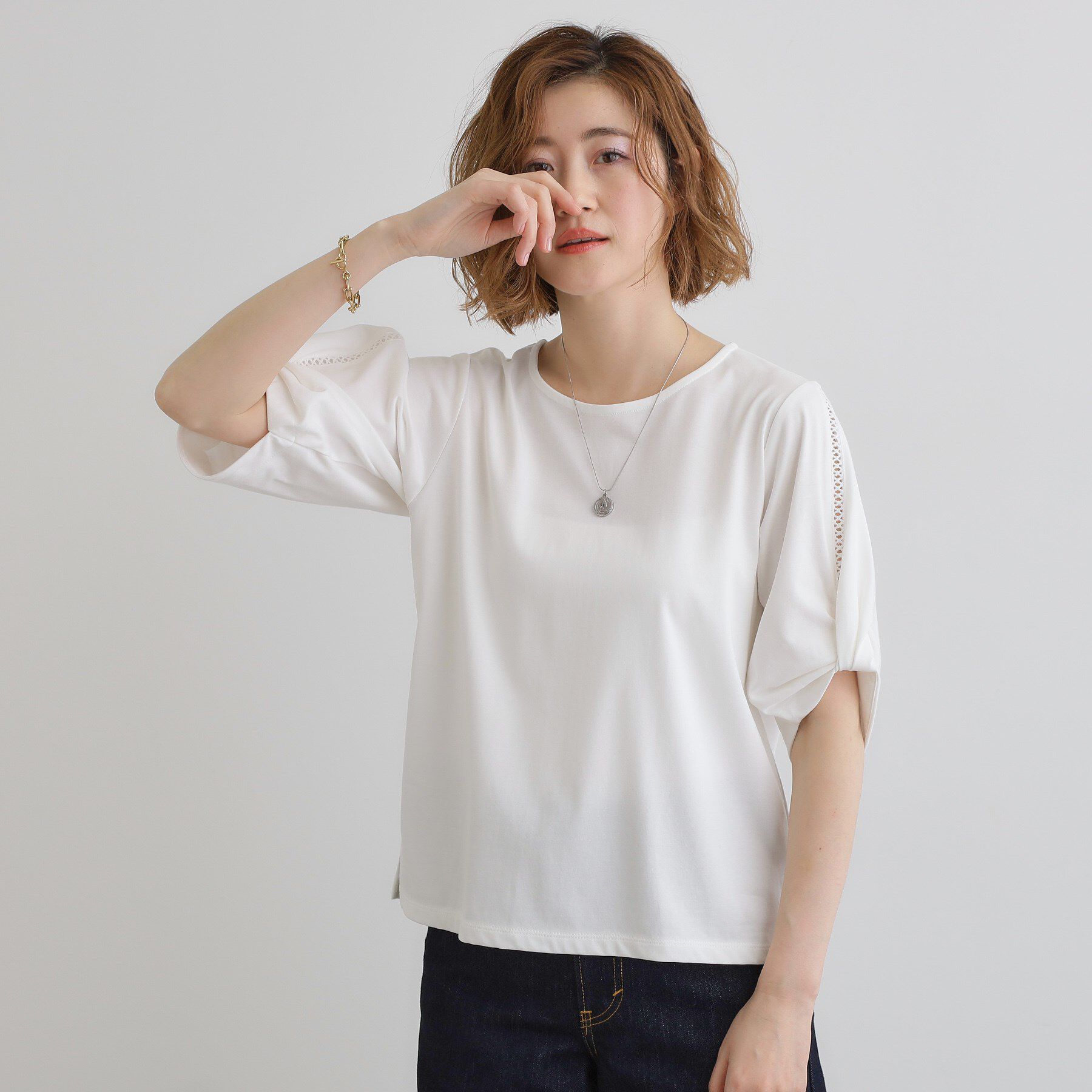 grove「【接触冷感・UVカットetc】レース切替え袖ねじりプルオーバー」|Tシャツ・カットソー|