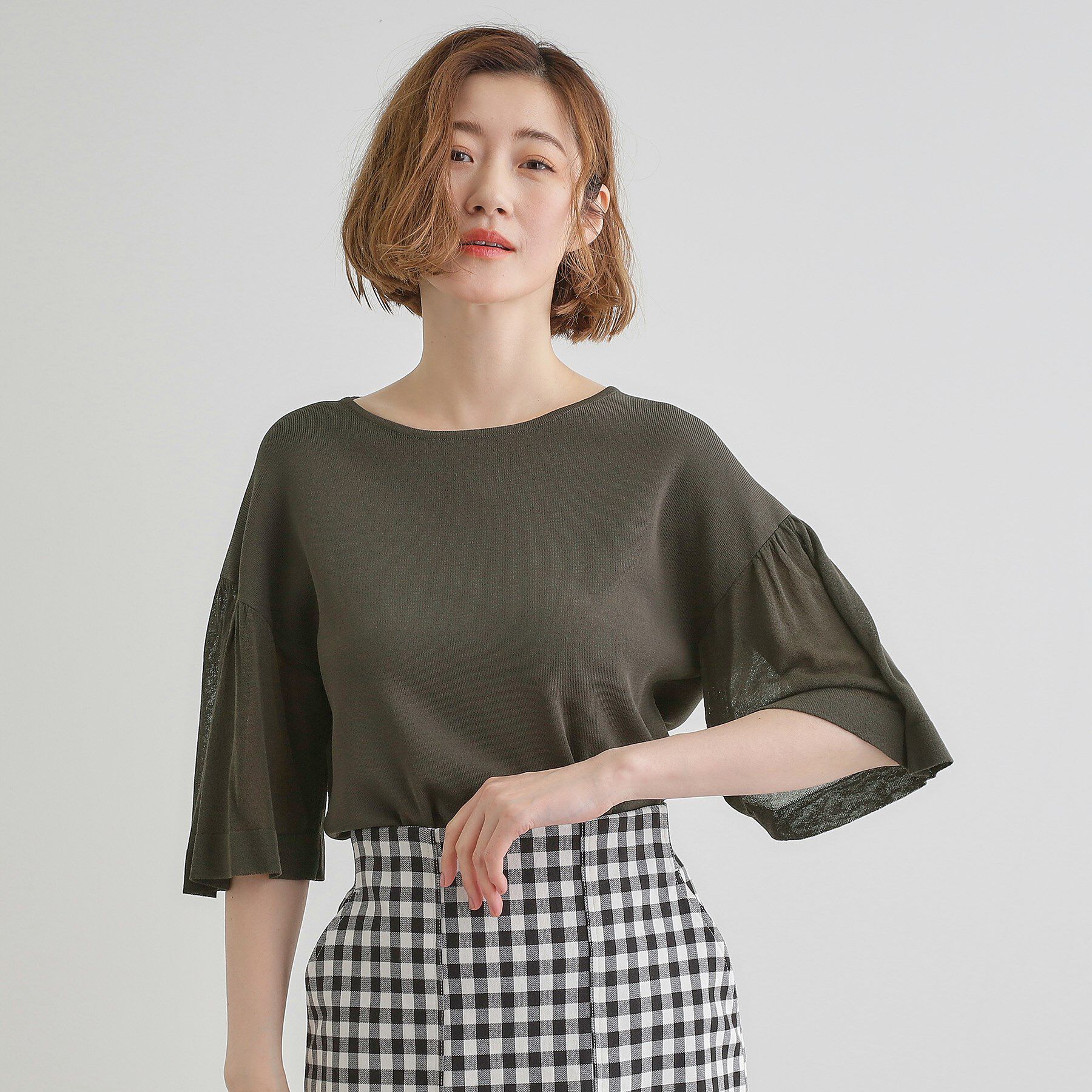 grove「【嬉しい機能付き】やわらかドライタッチシアーフレアスリーブニット」|ニット・セーター|