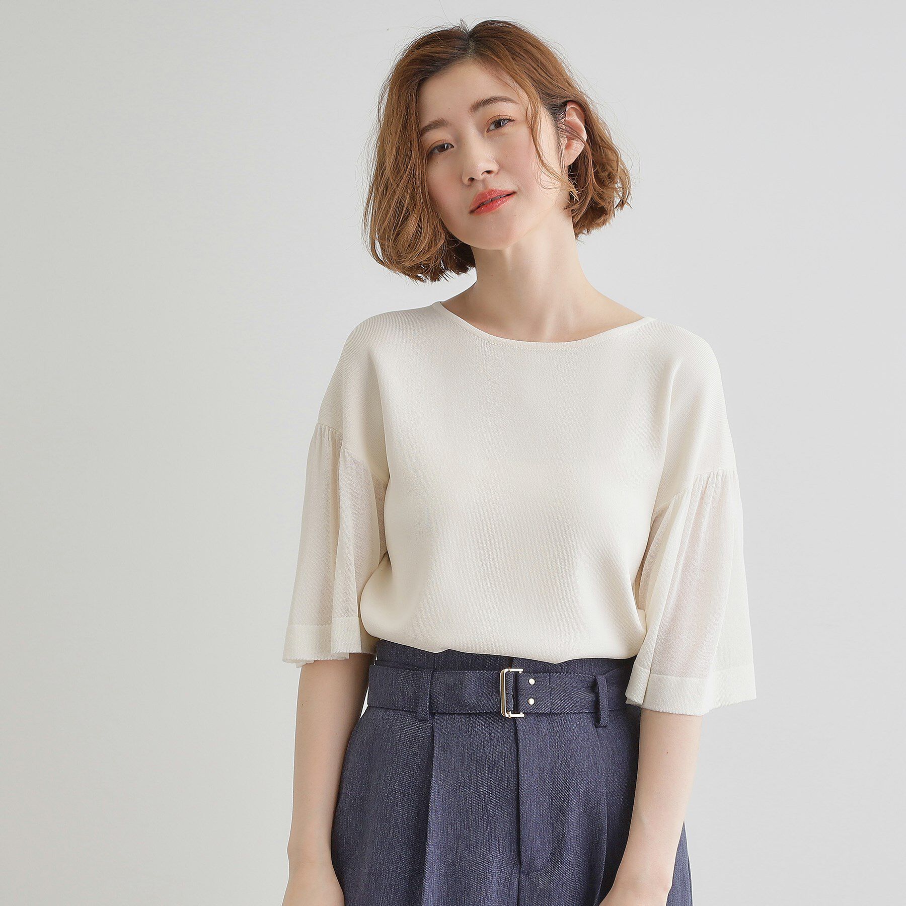 grove「【嬉しい機能付き】やわらかドライタッチシアーフレアスリーブニット」|ニット・セーター|