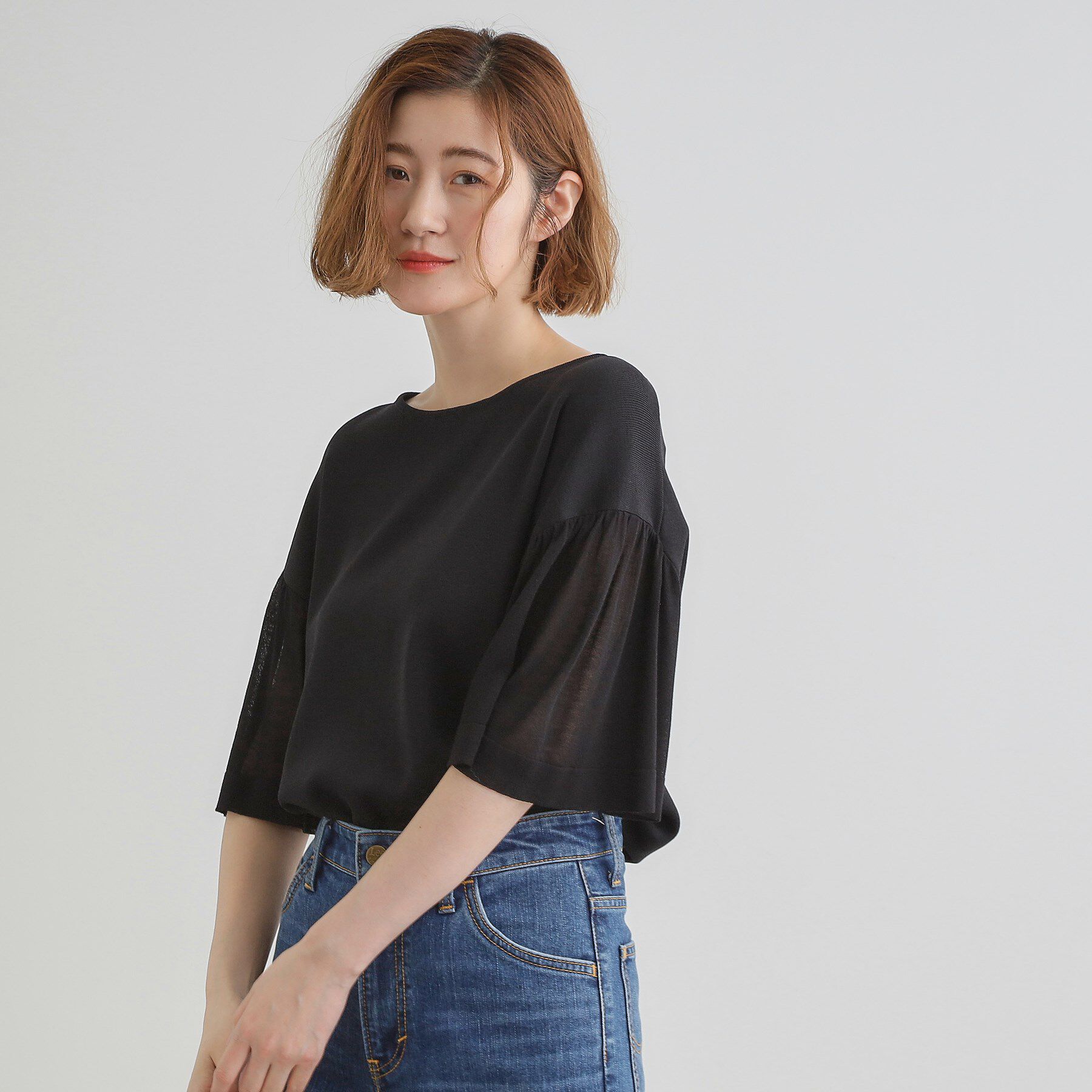 grove「【嬉しい機能付き】やわらかドライタッチシアーフレアスリーブニット」|ニット・セーター|