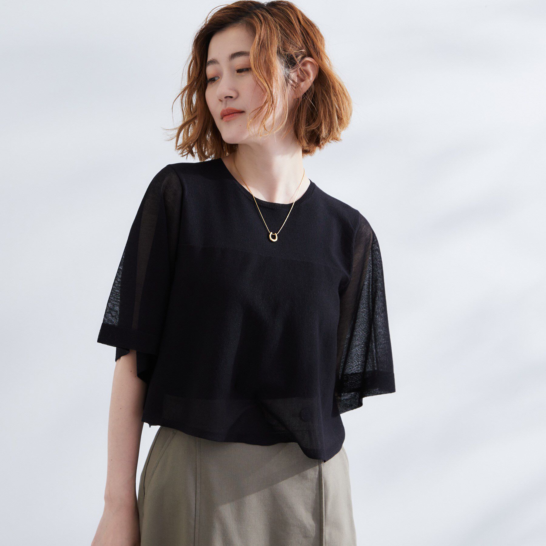 grove「シアーな軽やかさフロントシアーフレアニット」|ニット・セーター|ブラック(019)