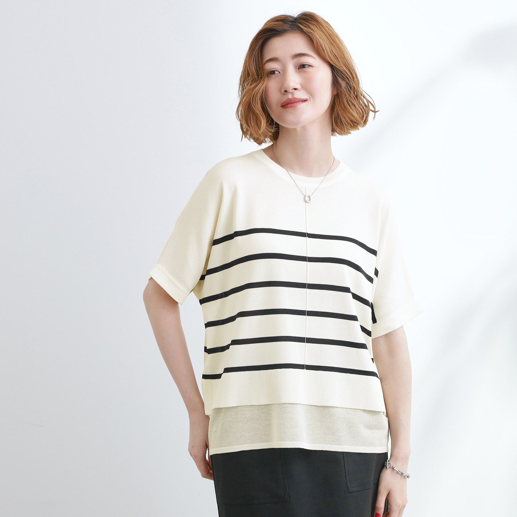 grove「【夏に嬉しい機能付き】やわらかドライタッチレイヤードライクニット」|ニット・セーター|ボーダー(304)