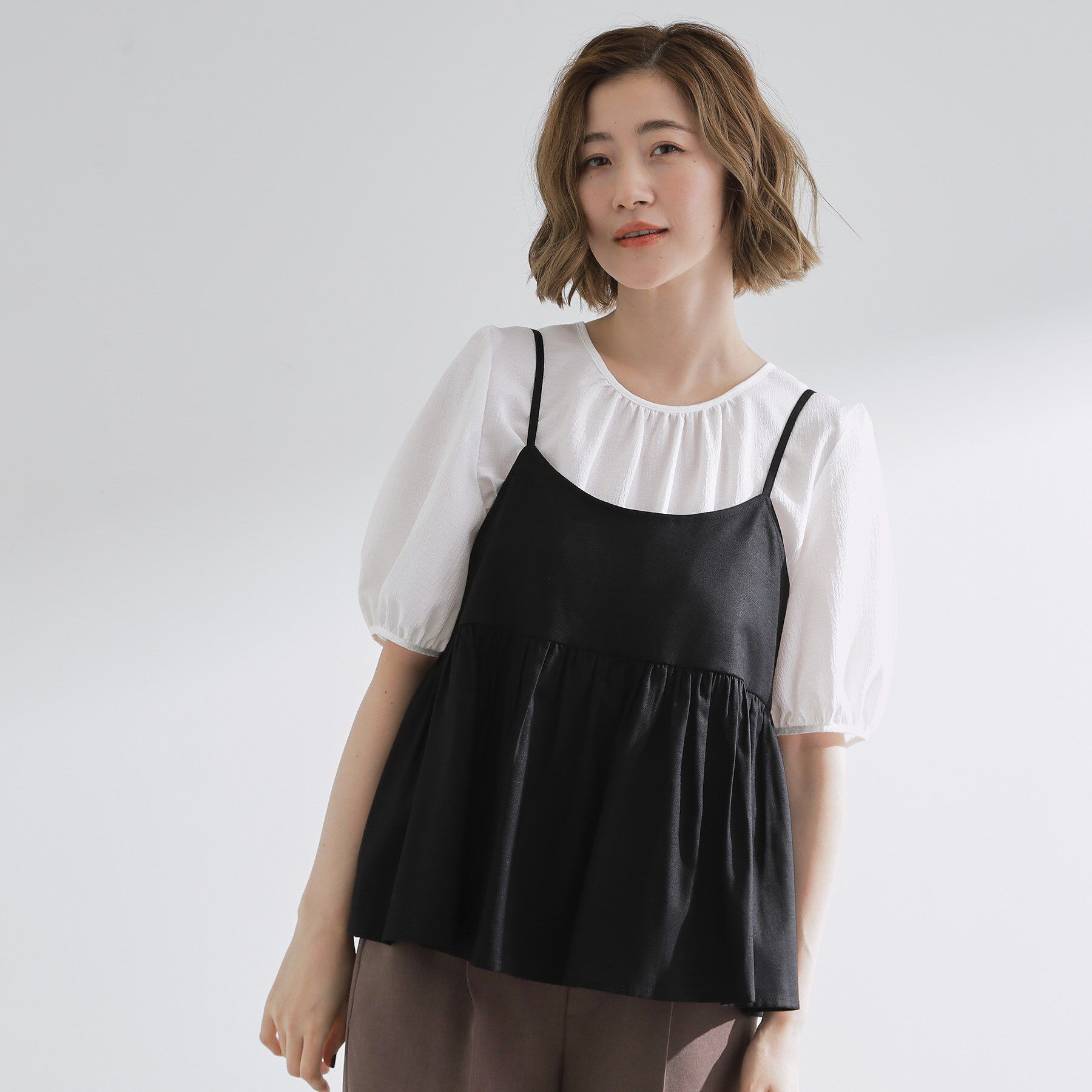 grove「【2点SET/お洒落見え/体型カバー】ツイード調キャミ&times;ブラウスセット」|シャツ・ブラウス|