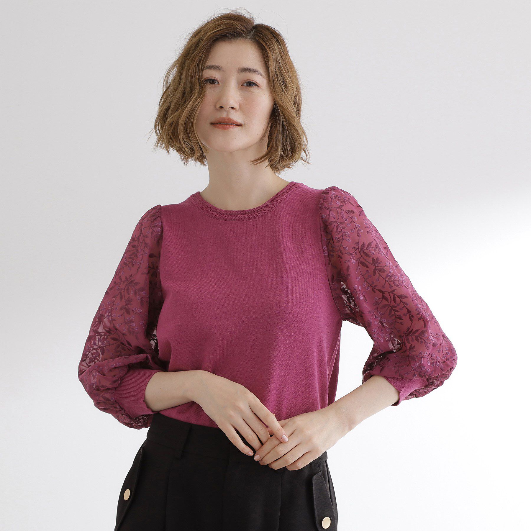 grove「【二の腕カバー】繊細さと上品さをまとう袖刺繍プルオーバーニット」|ニット・セーター|プラムピンク(074