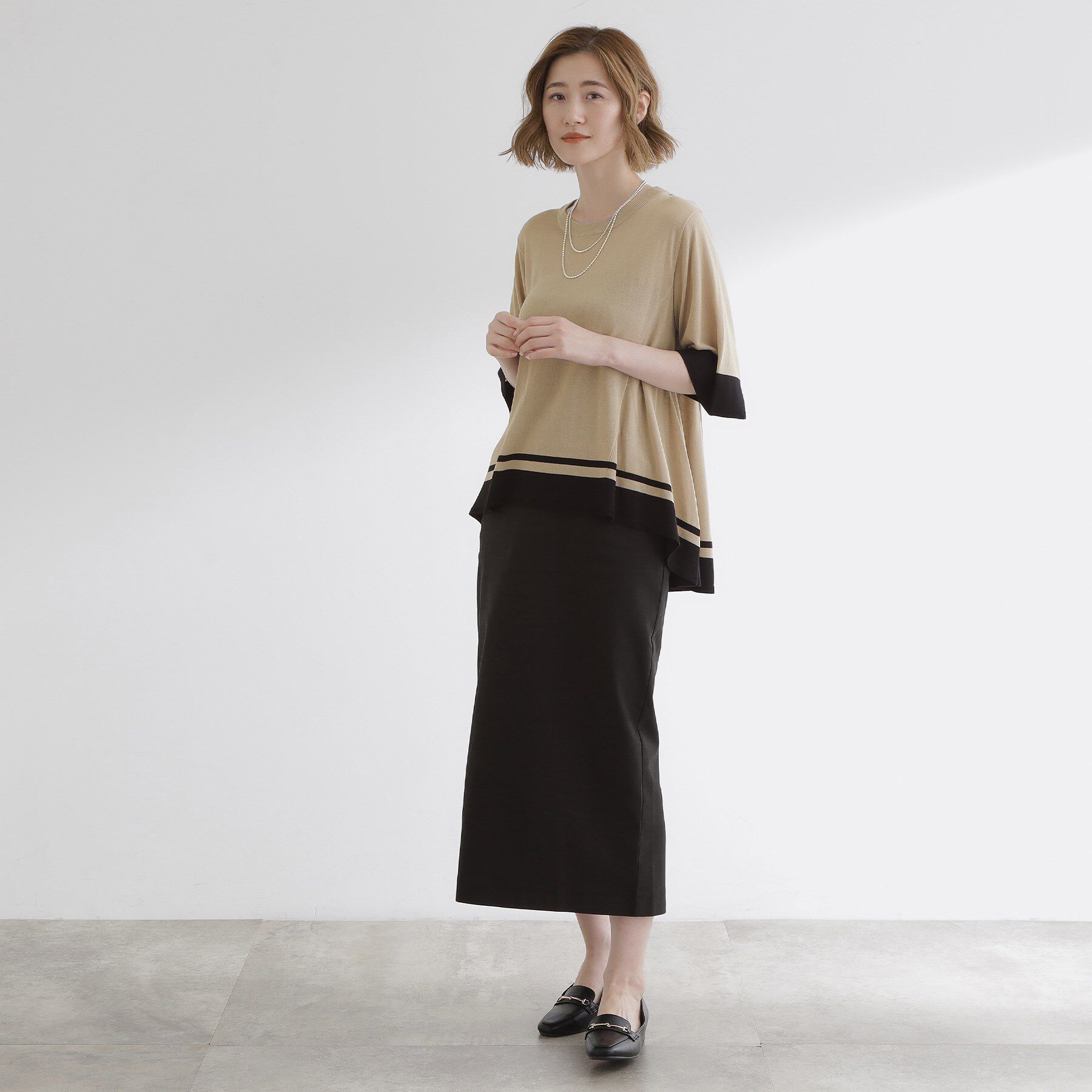 grove「涼やか体型カバー　配色シアーニットプルオーバー」|ニット・セーター|