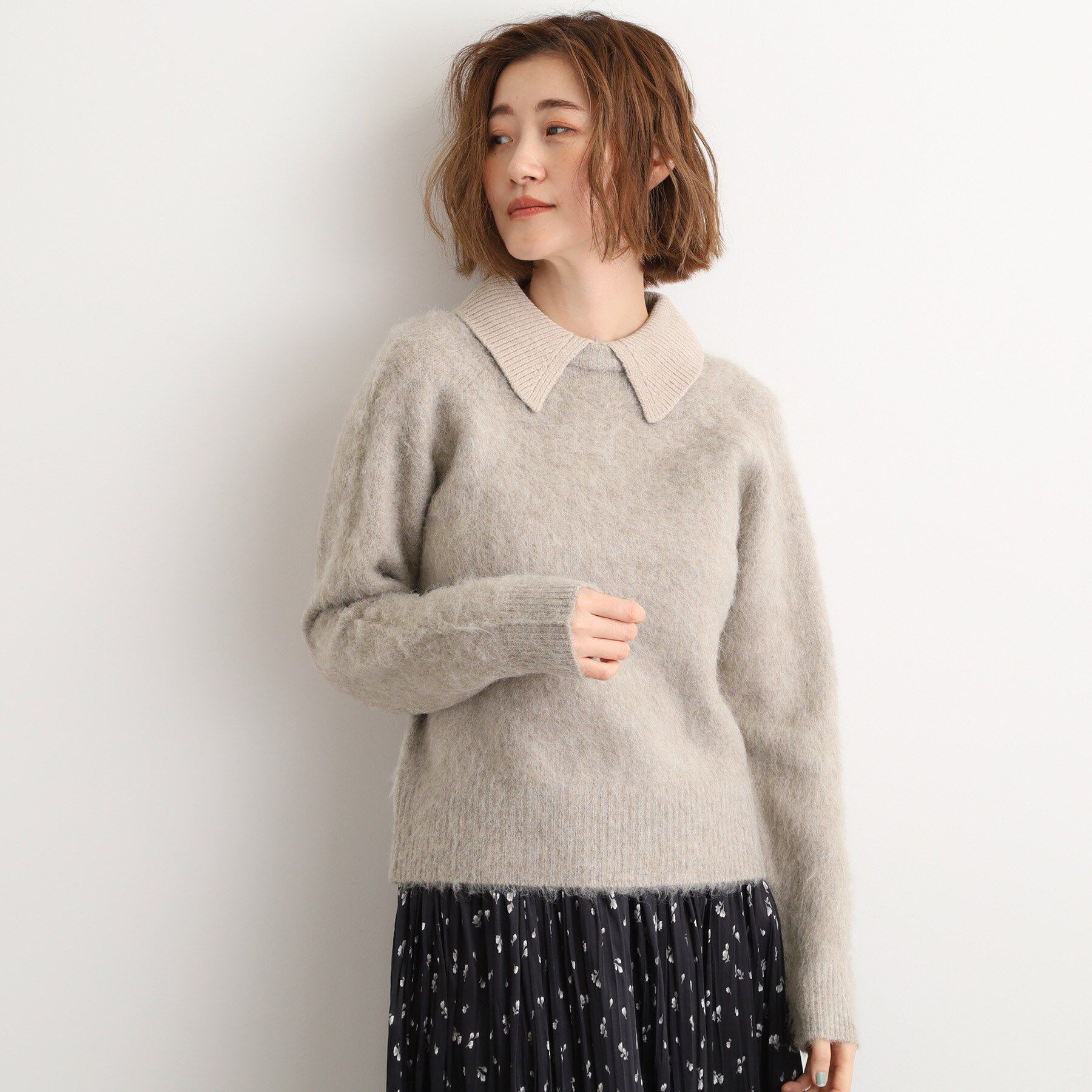 grove「異素材ビッグカラーニット」|ニット・セーター|ベージュ(052)