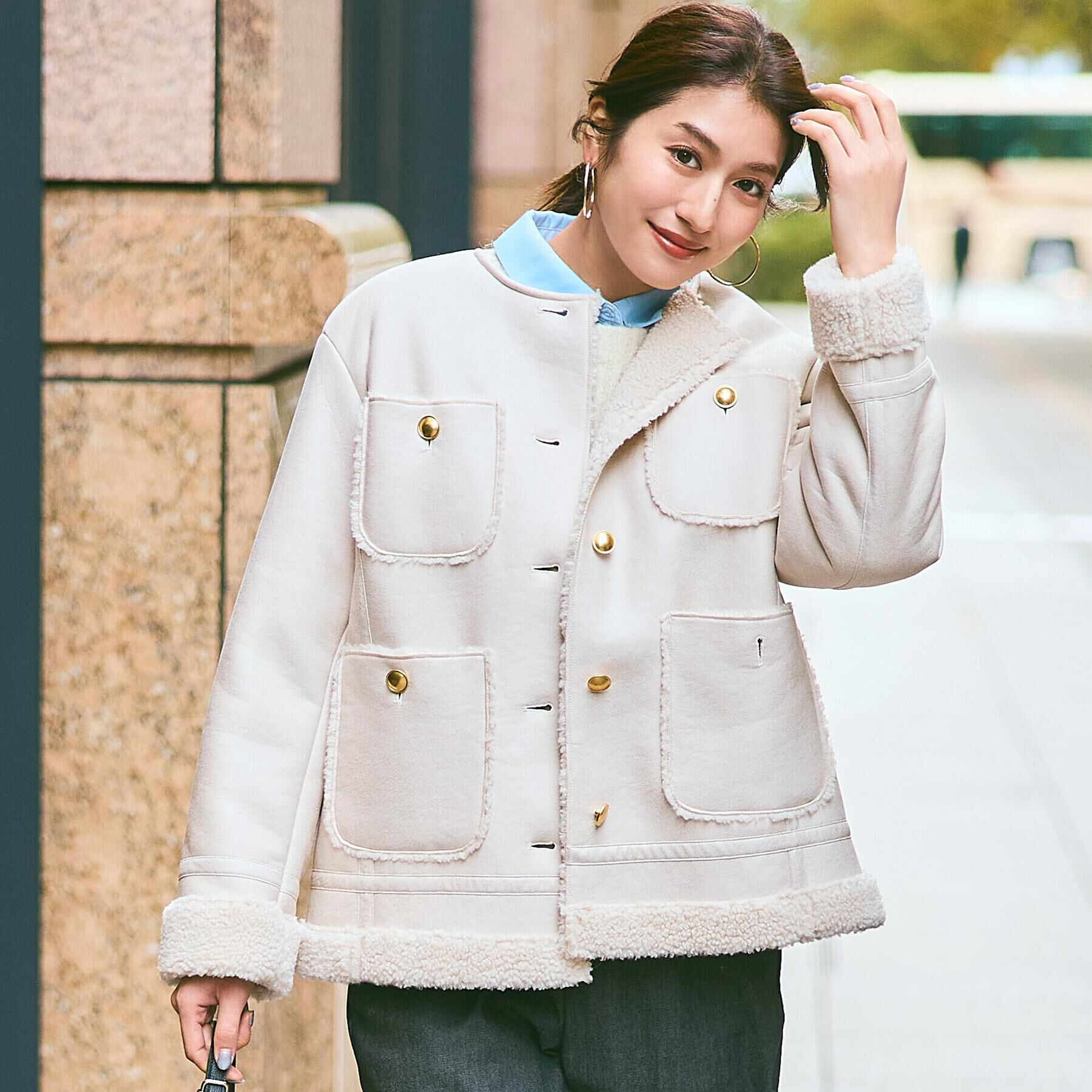 grove「フェイクムートンボアジャケット」|ノーカラーコート|