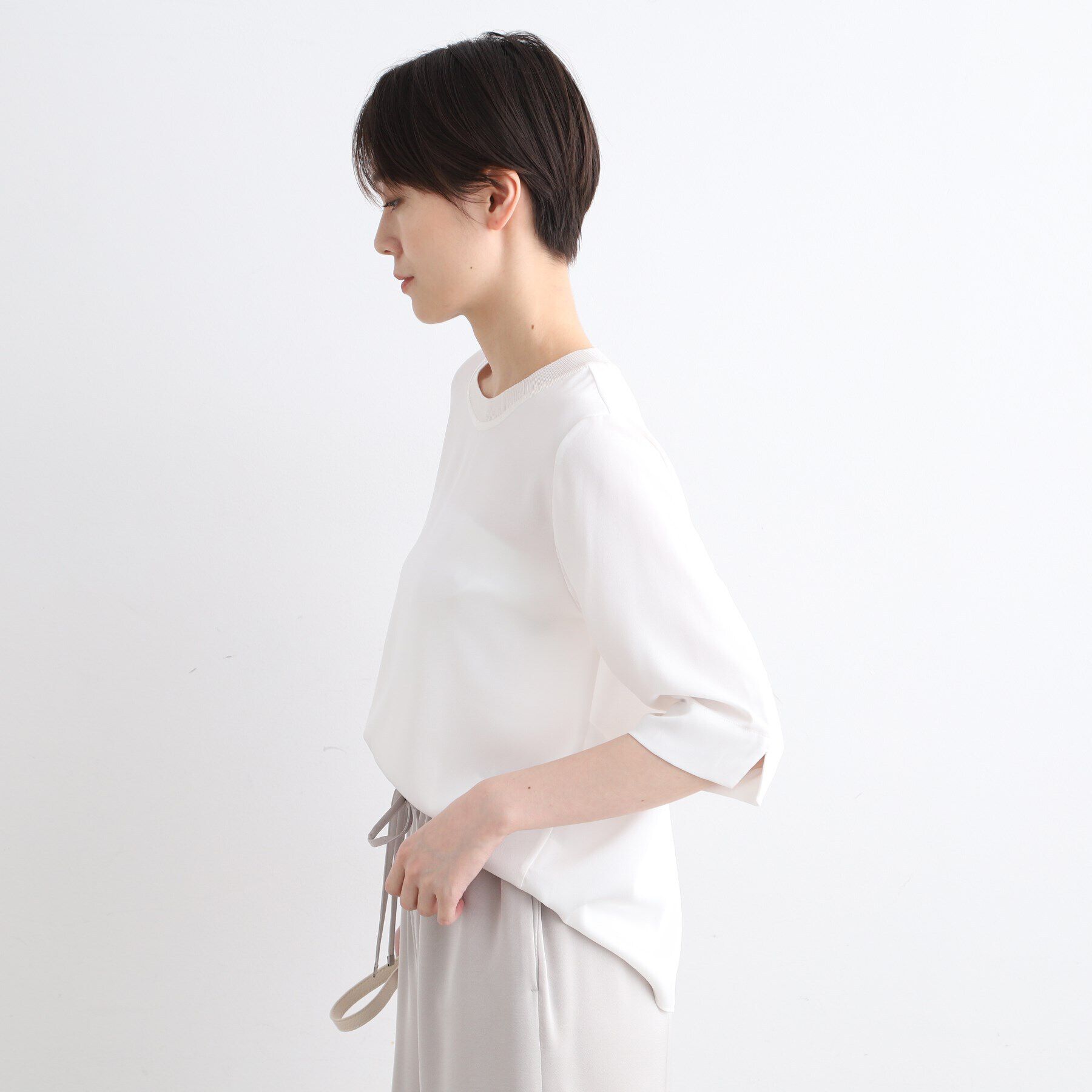 INDIVI「【洗える／5分袖】リブデザインドレープブラウス」|シャツ・ブラウス|