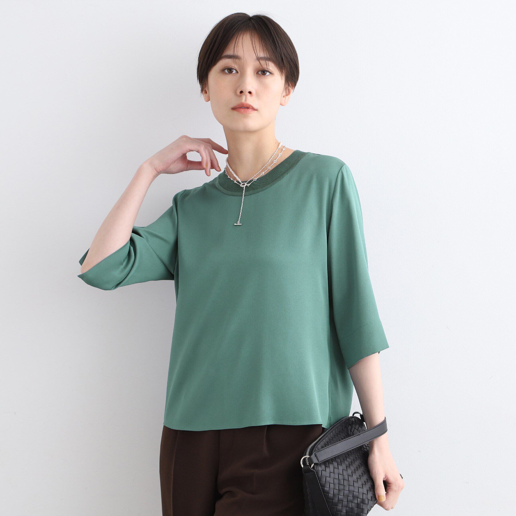 INDIVI「【洗える／5分袖】リブデザインドレープブラウス」|シャツ・ブラウス|ブルーグリーン(09