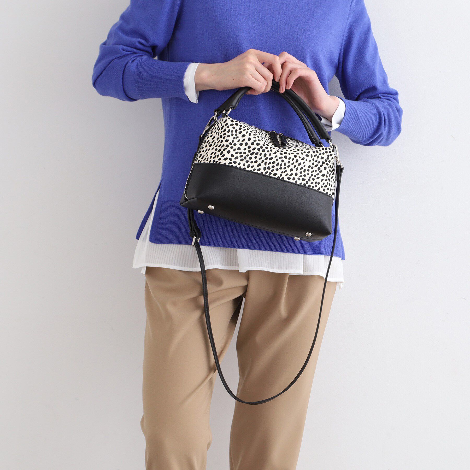 INDIVI「【2WAY】本革ミックス ブロックボストンミドルバッグ」|ボストンバッグ|