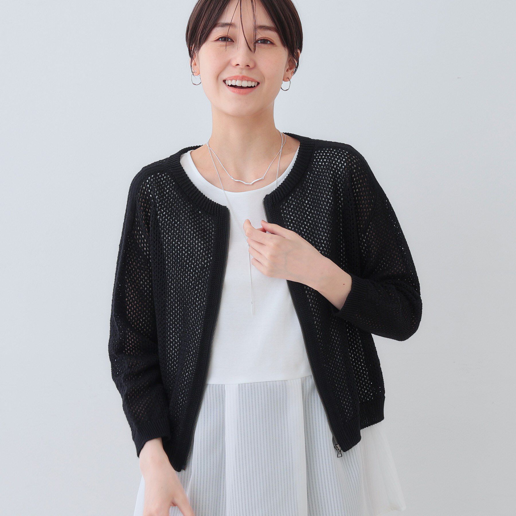 INDIVI「【洗える／コットン100％】メッシュ柄ニットブルゾン」|カーディガン|ブラック(019)