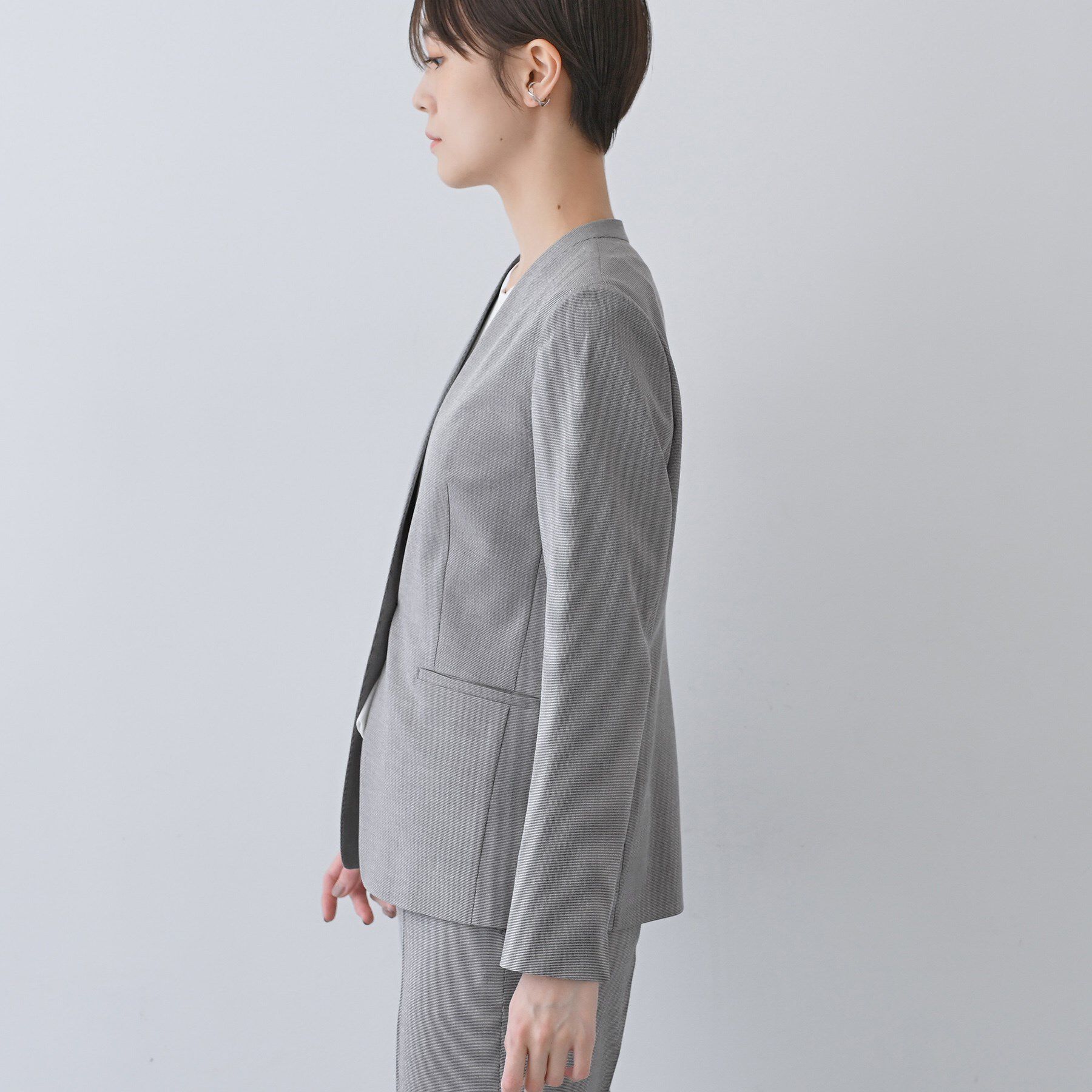 INDIVI「【洗える／夏スーツ】ミニ千鳥柄ノーカラージャケット」|ノーカラージャケット|