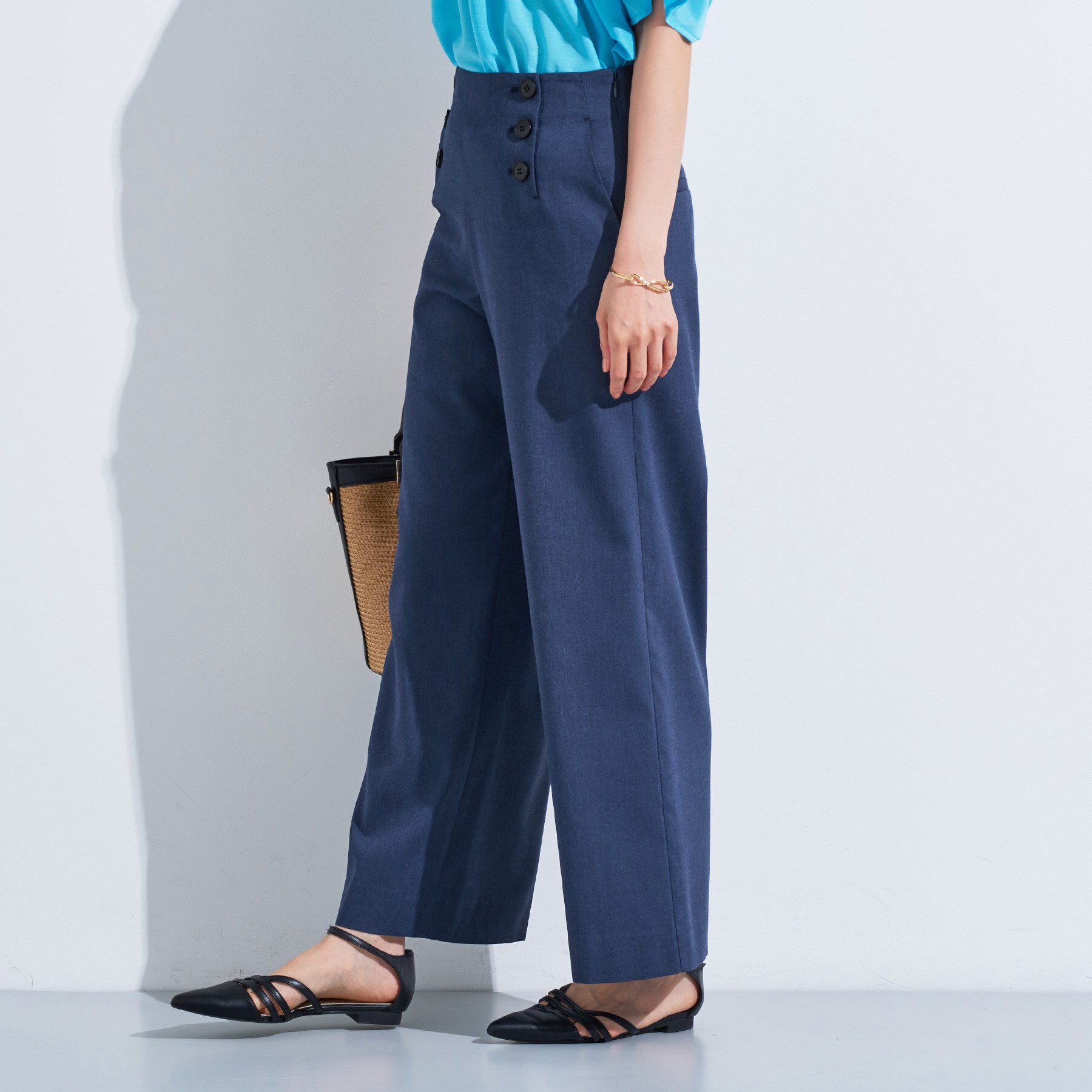 INDIVI「【デニムライク】マリンボタン リネン混ワイドパンツ」|その他|