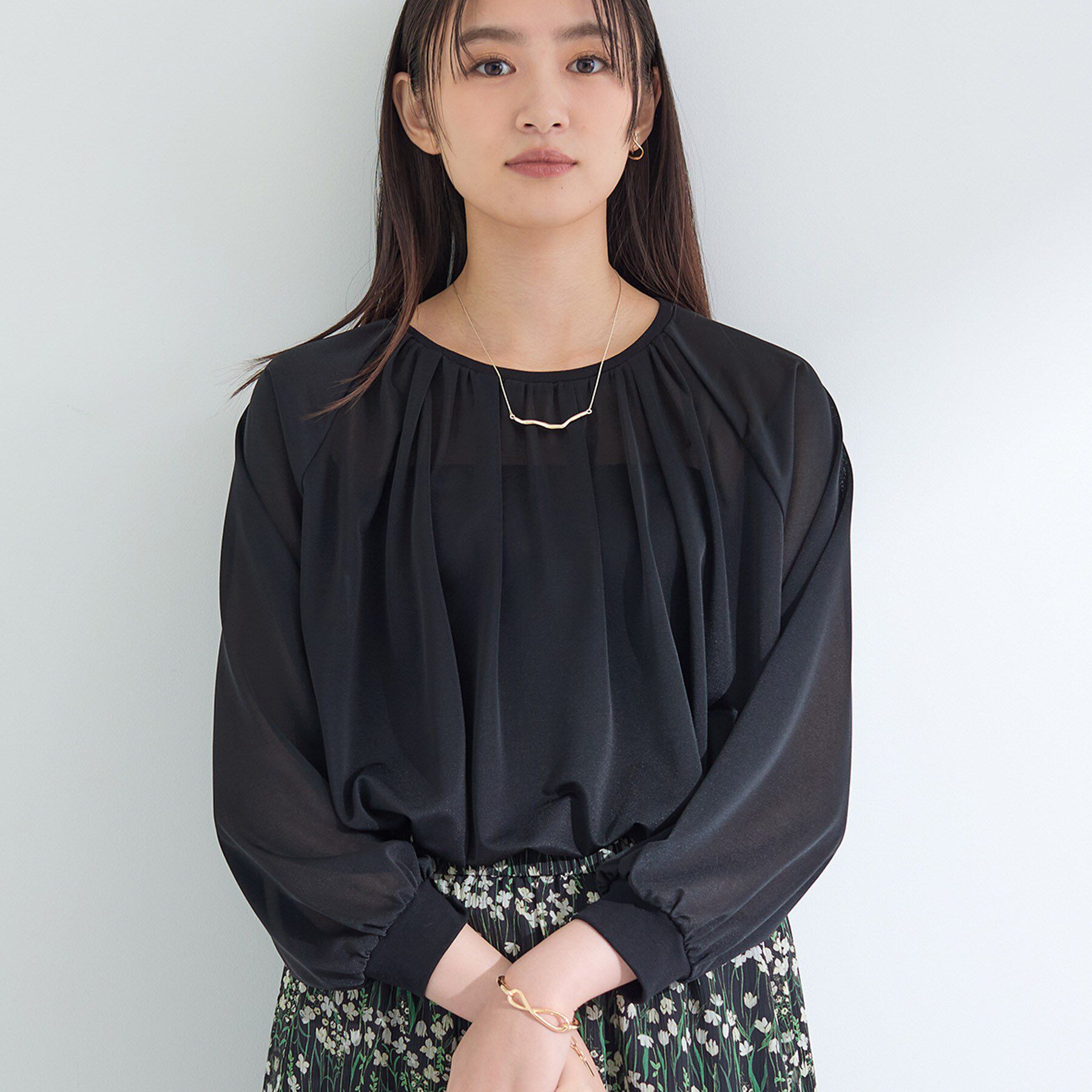 INDIVI「【体型カバー／マシンウォッシュ対応】シアージャージトップス」|Tシャツ・カットソー|ブラック(019)