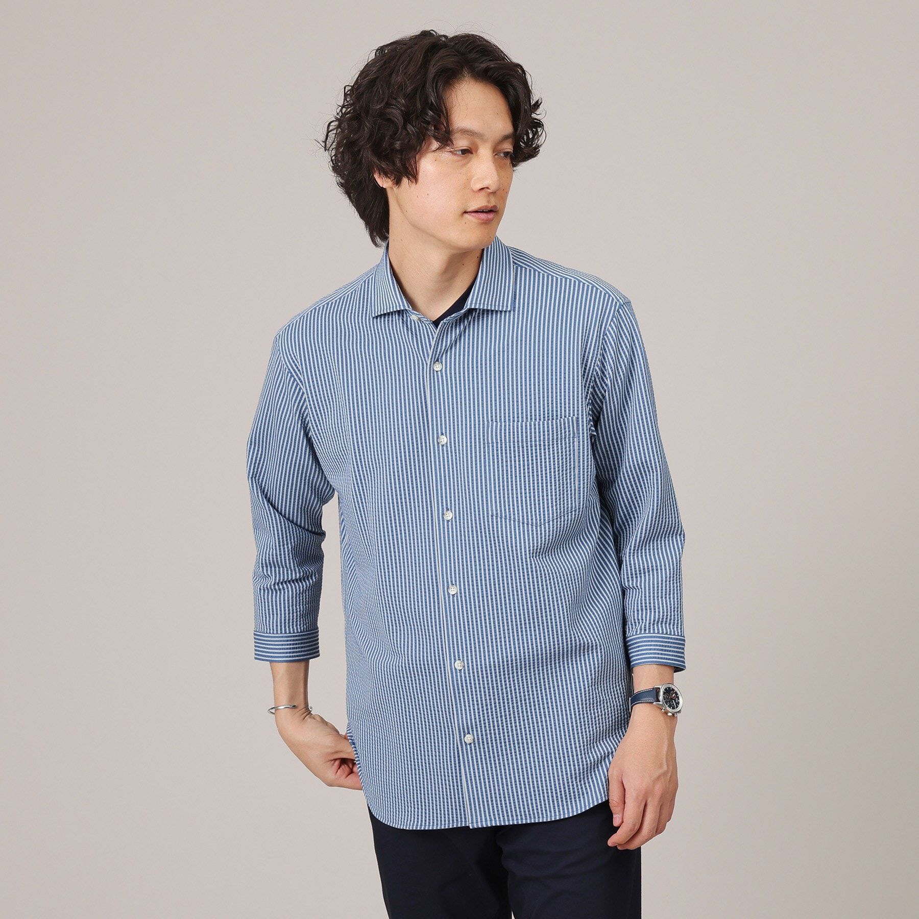 TAKEO KIKUCHI「【抗菌防臭／7分袖】サッカージャージ ストライプシャツ」|シャツ・ブラウス|