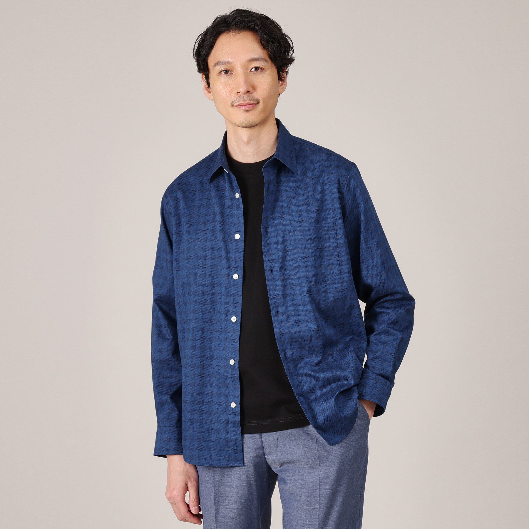 TAKEO KIKUCHI「【Made in JAPAN】千鳥プリント シャツ」|シャツ・ブラウス|ブルー(193)