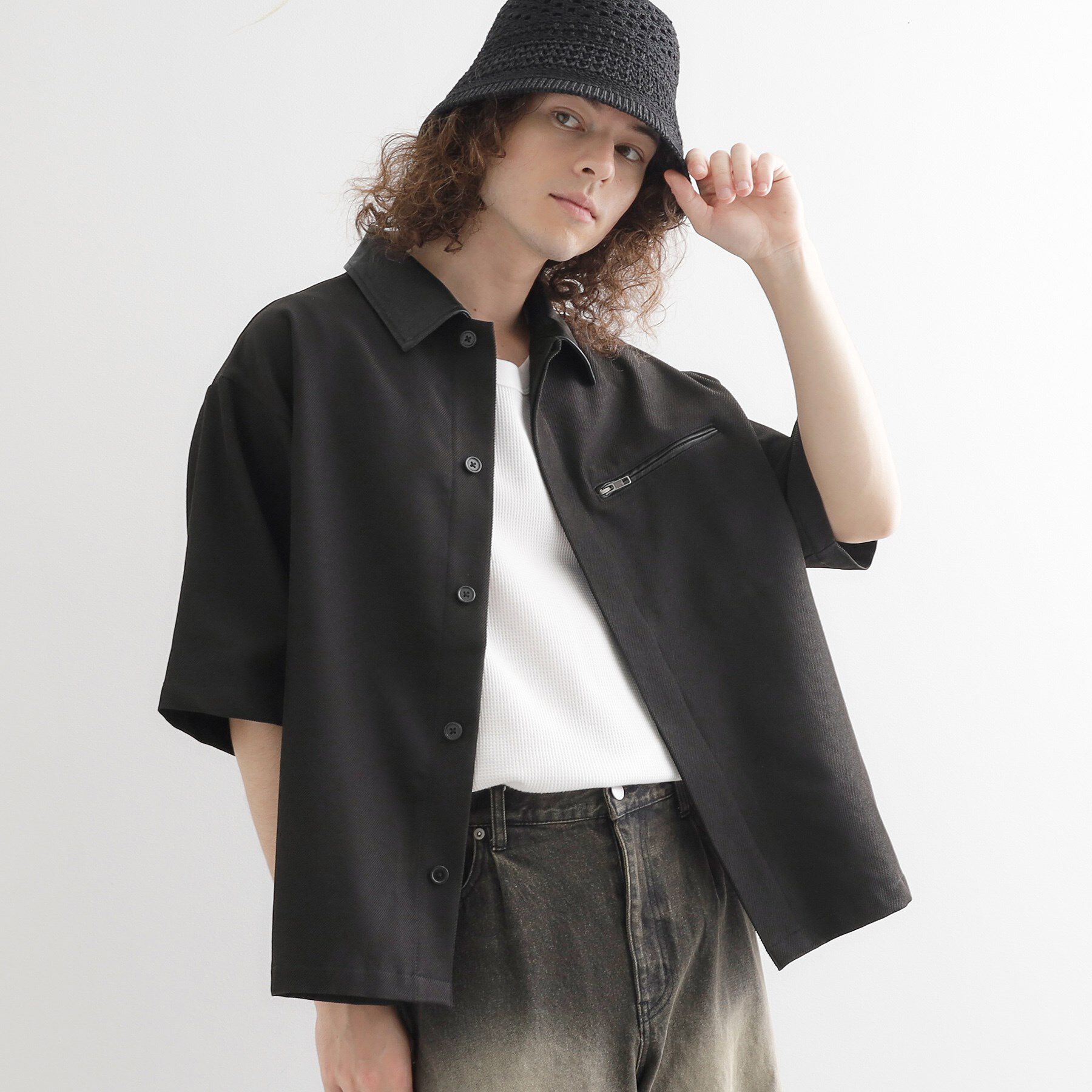 tk.TAKEO KIKUCHI「衿配色ワーカーシャツアウター」|シャツ・ブラウス|ブラック(019)