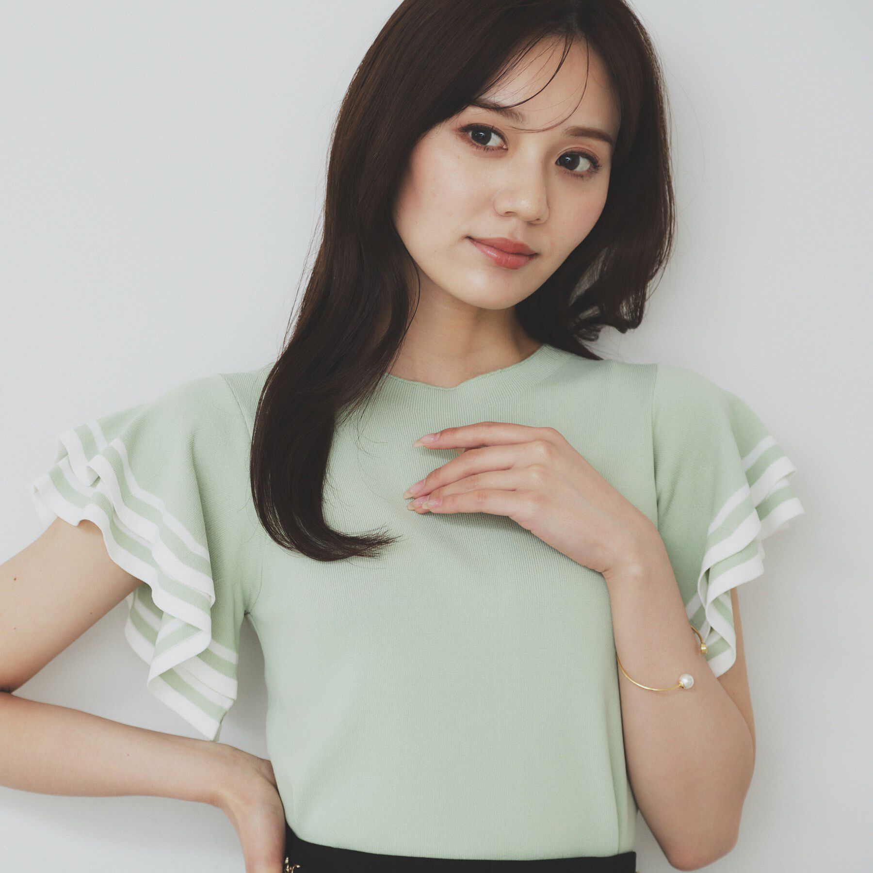 index「ボーダーフリルスリーブニット【洗濯機洗い可】」|ニット・セーター|ライトグリーン(02