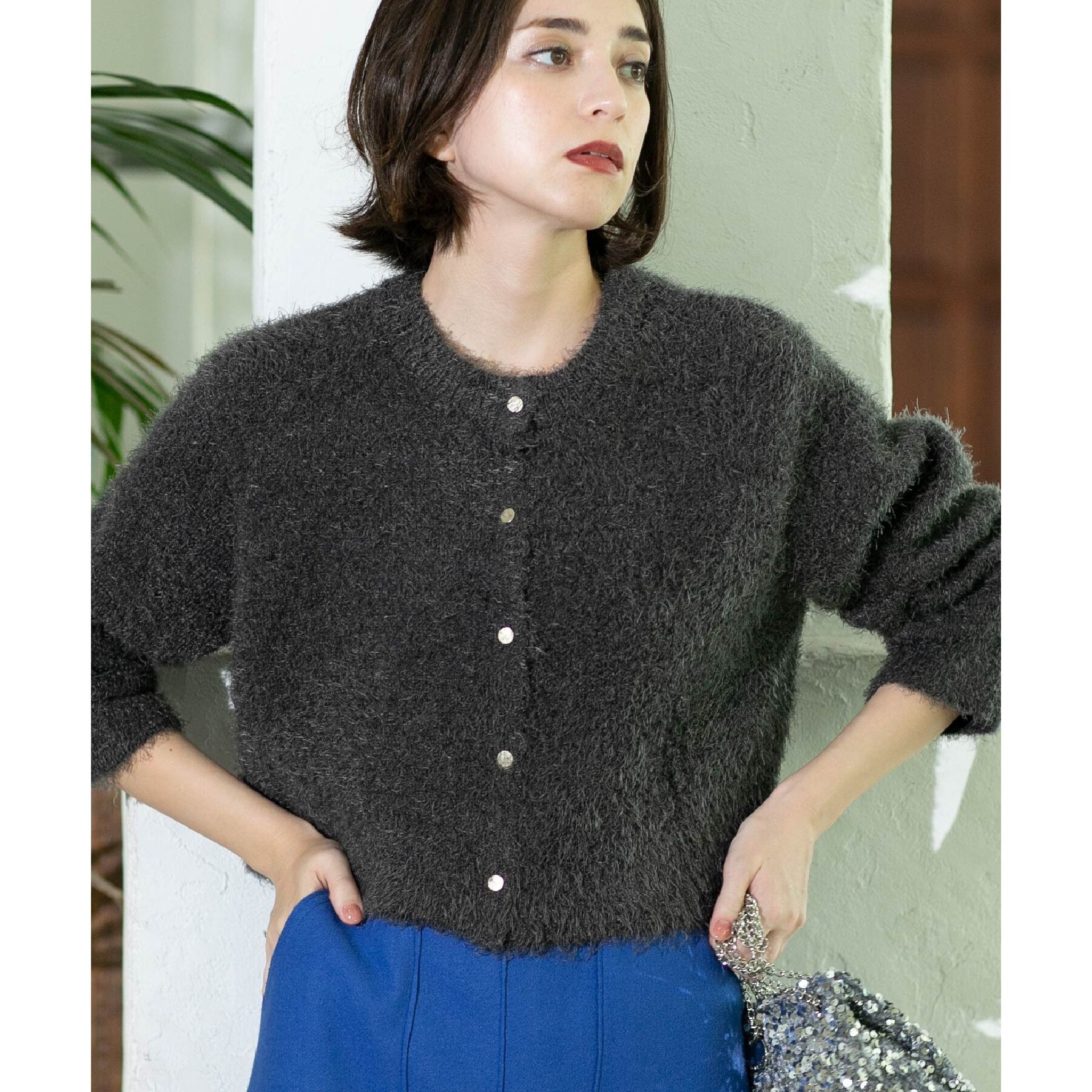 OPAQUE.CLIP「《6color》シャギーニットショートカーディガン【洗濯機洗い可】」|カーディガン|チャコールグレー(0