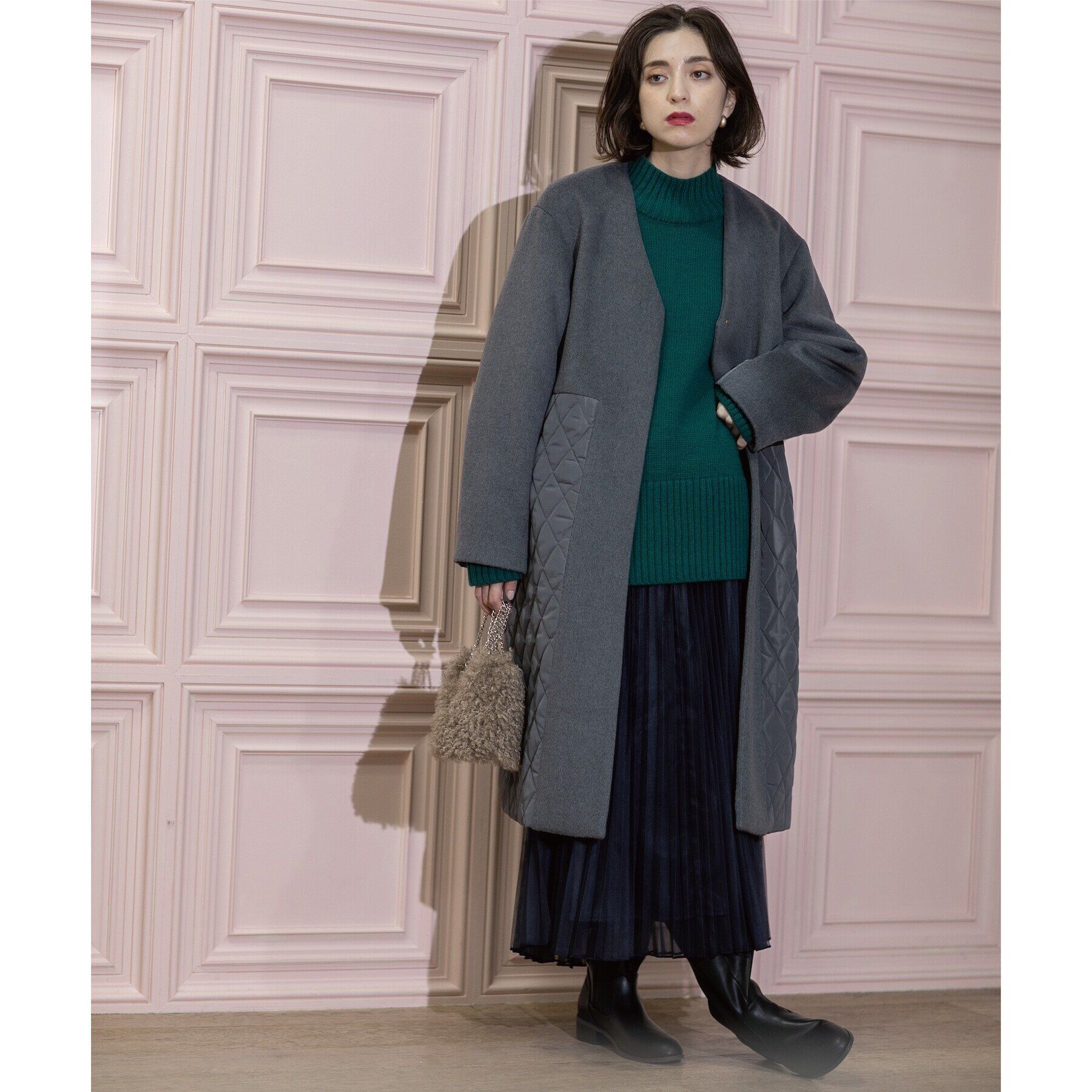 OPAQUE.CLIP「《S-LLsize》ウールカシミヤブレンド キルティングドッキングコート」|ノーカラーコート|