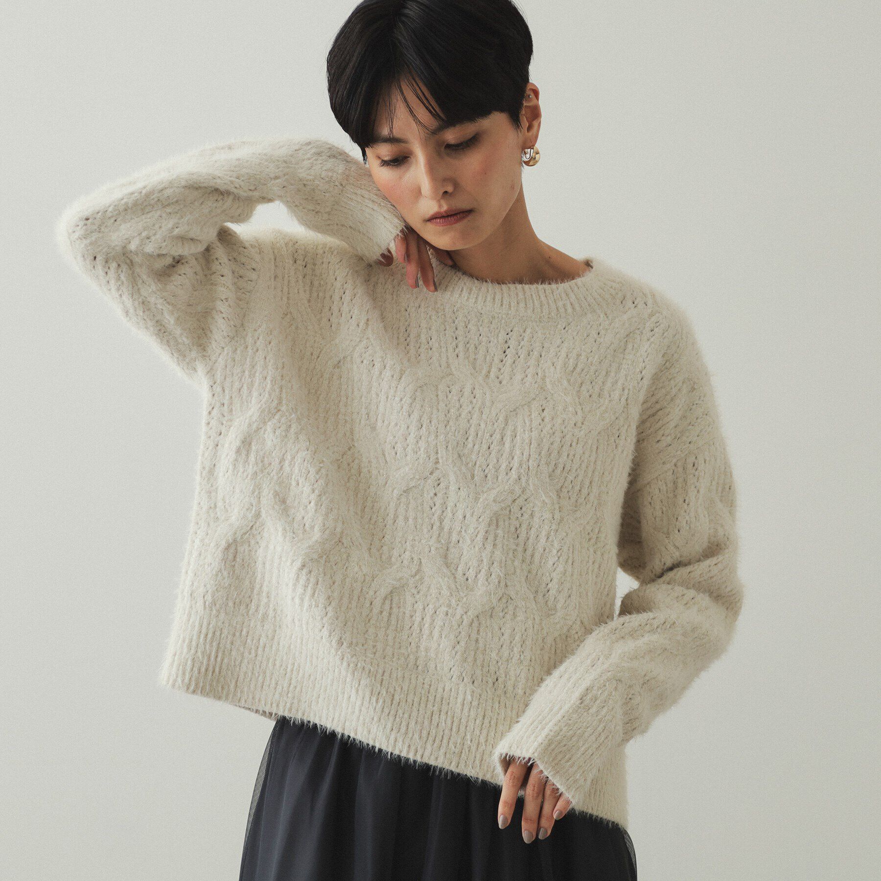 OPAQUE.CLIP「モールフェザーラメケーブルニット【洗濯機洗い可】」|ニット・セーター|オフホワイト(603