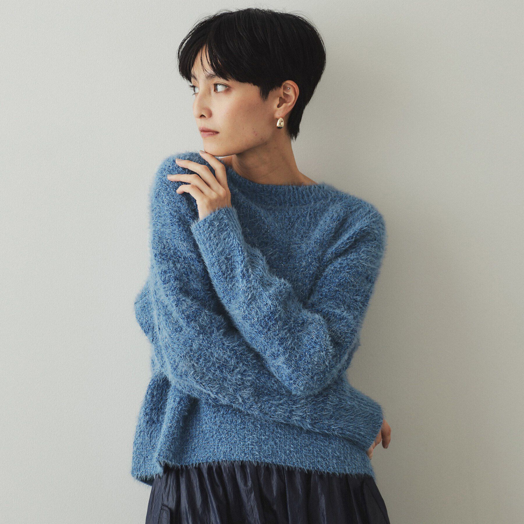 OPAQUE.CLIP「モールフェザーラメケーブルニット【洗濯機洗い可】」|ニット・セーター|ブルー(692)