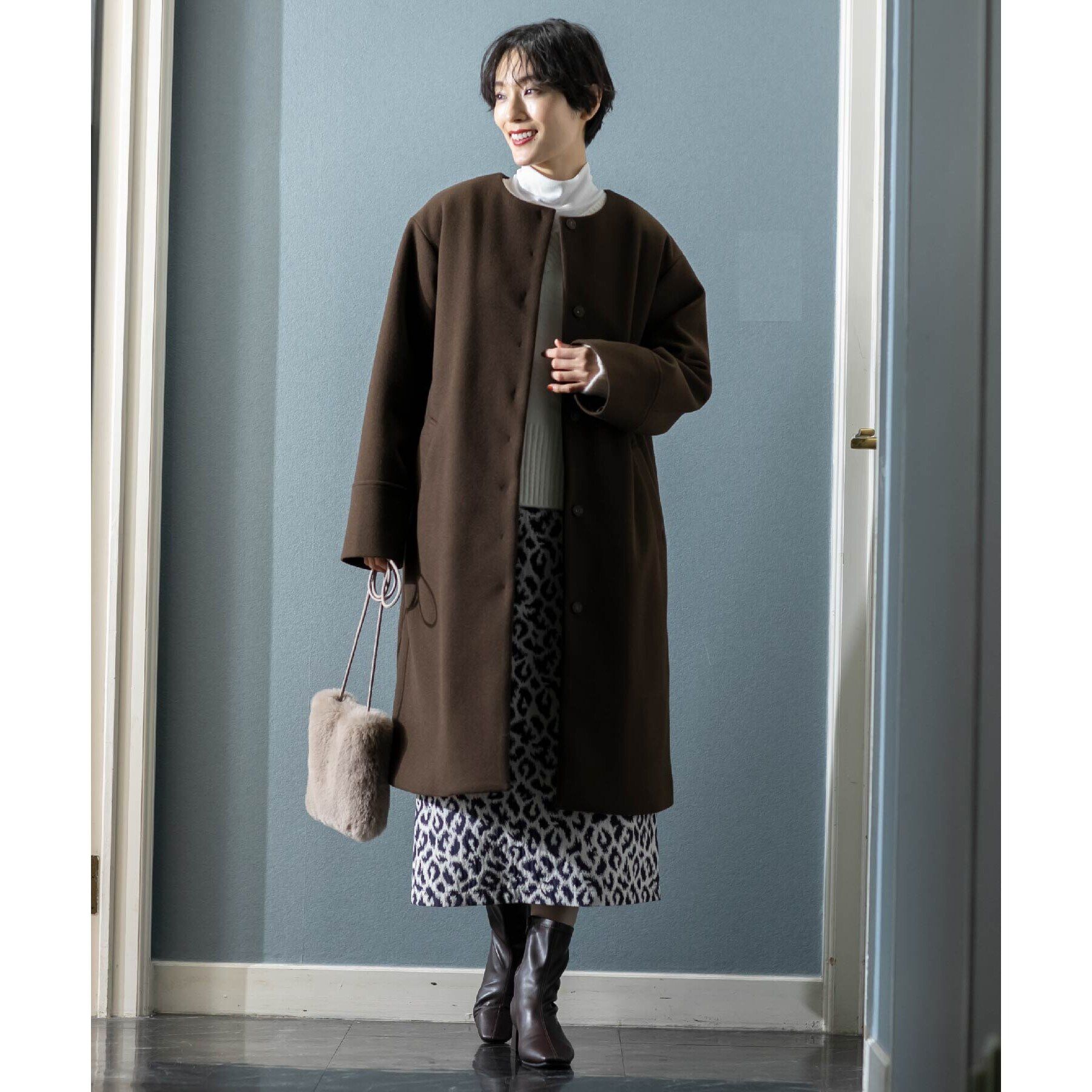 OPAQUE.CLIP「《S-LLsize》ウールライク メルトンノーカラーロングコート」|ノーカラーコート|