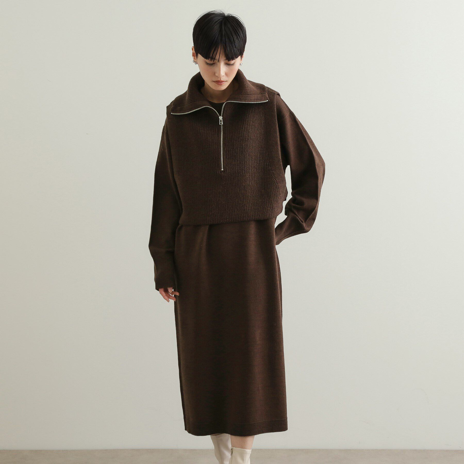 OPAQUE.CLIP「≪ツインセット≫ハーフZIPベスト&times;ニットワンピース【洗濯機洗い可】」|ワンピース|