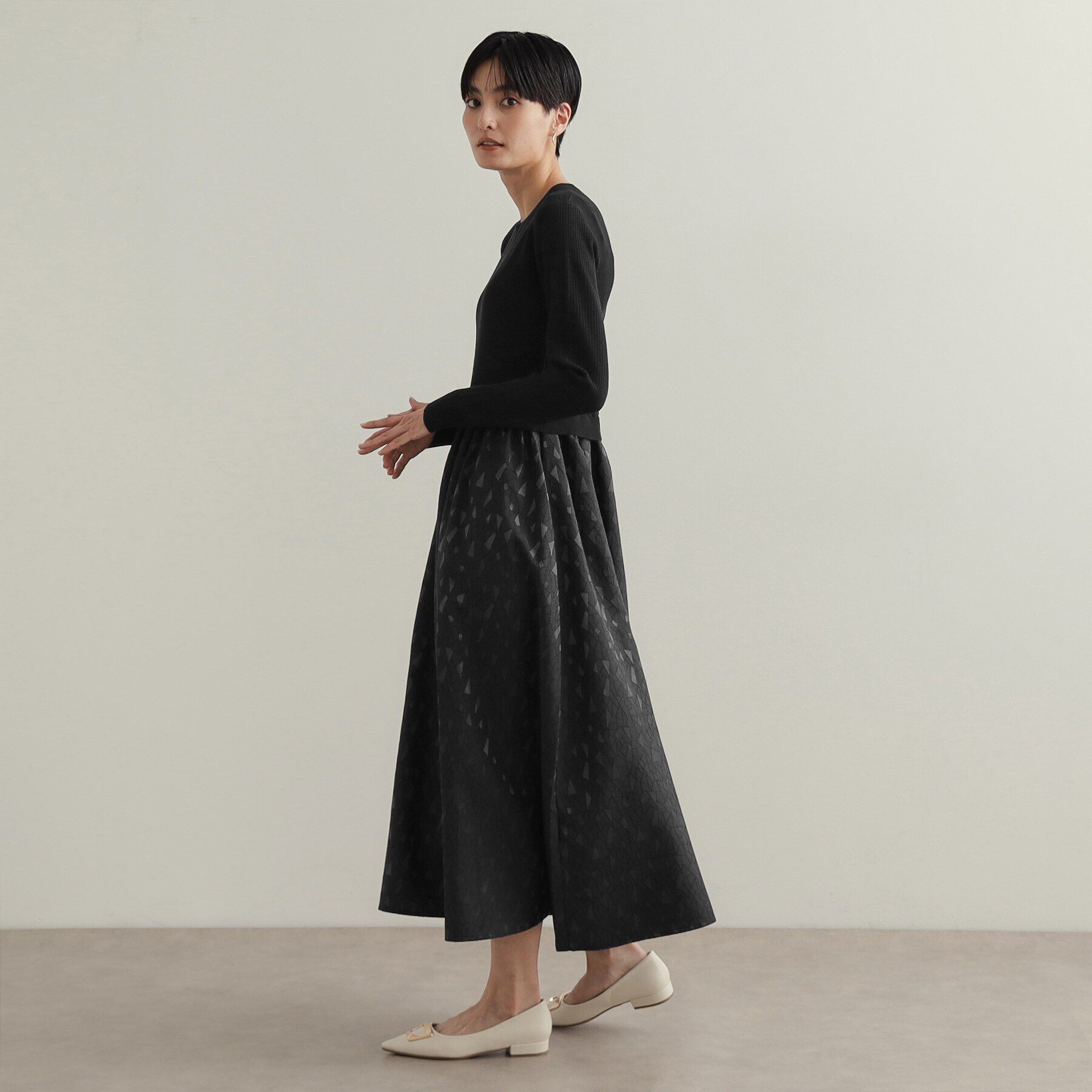 OPAQUE.CLIP「《美人百花掲載》ニット&times;ジャカードドッキングワンピース【洗濯機洗い可/抗ピル】」|ワンピース|