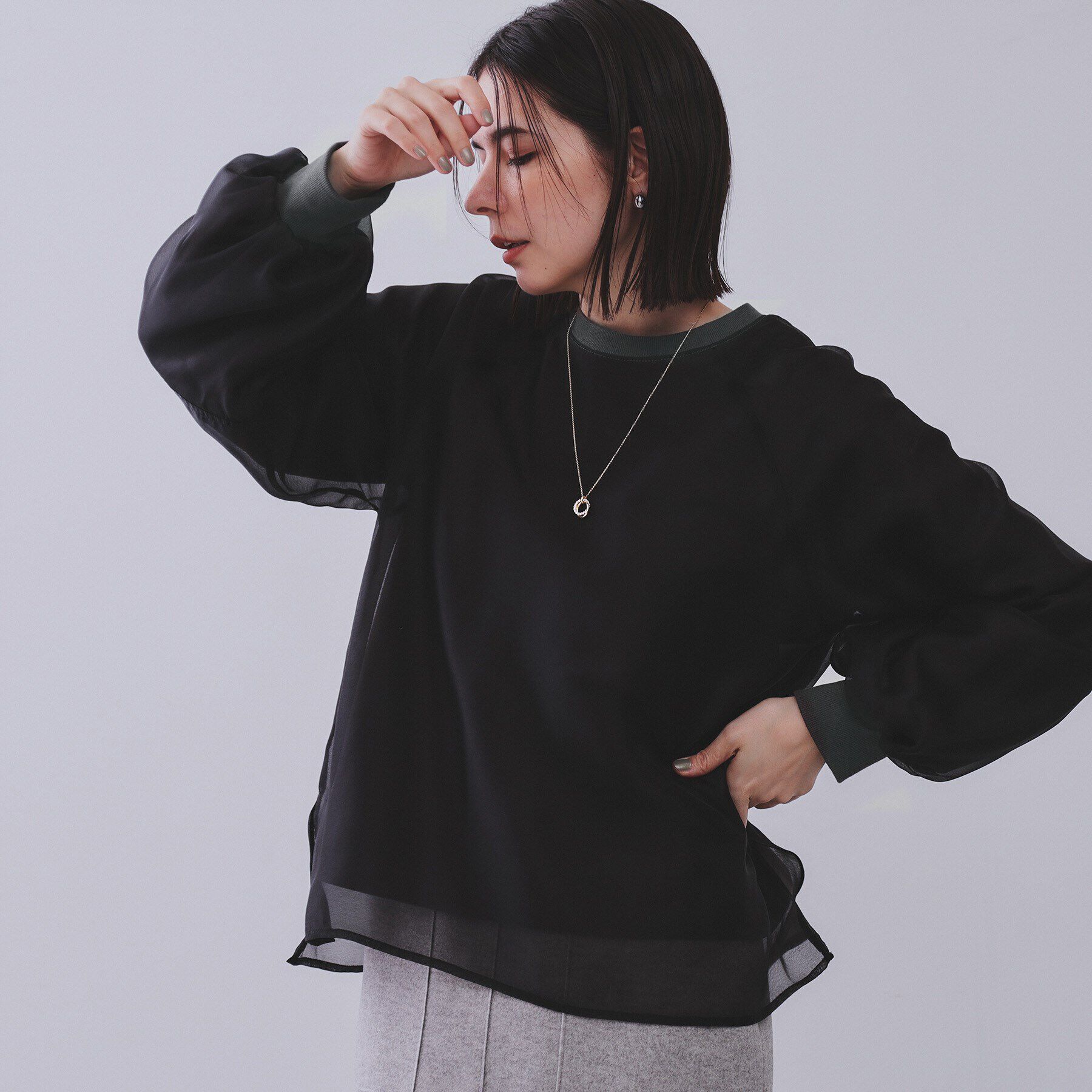 OPAQUE.CLIP「シアーレイヤード裏毛プルオーバー【洗濯機洗い可】」|Tシャツ・カットソー|チャコールグレー(5