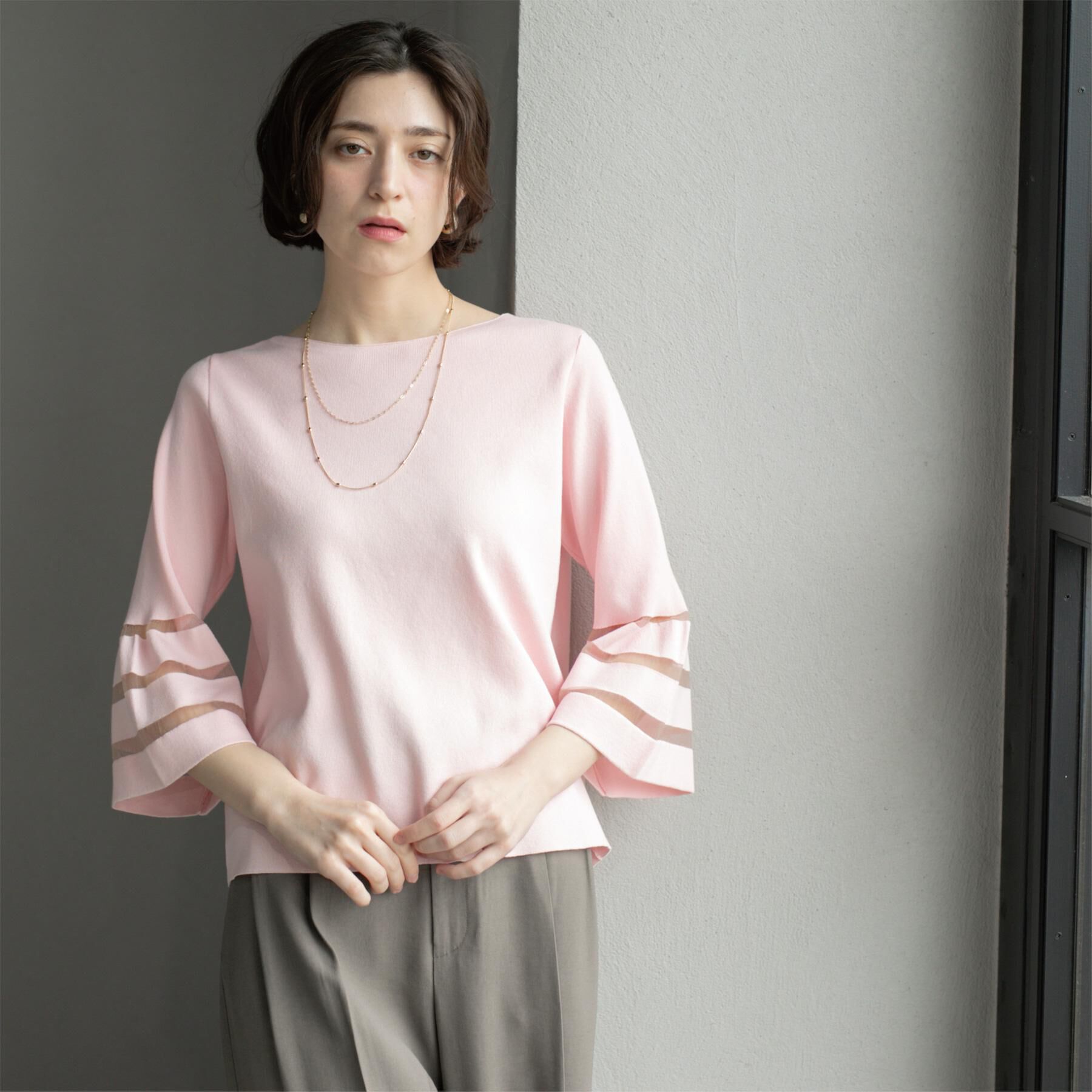 OPAQUE.CLIP「《6色展開》シアーボーダーフレアスリーブニット【洗濯機洗い可】」|ニット・セーター|