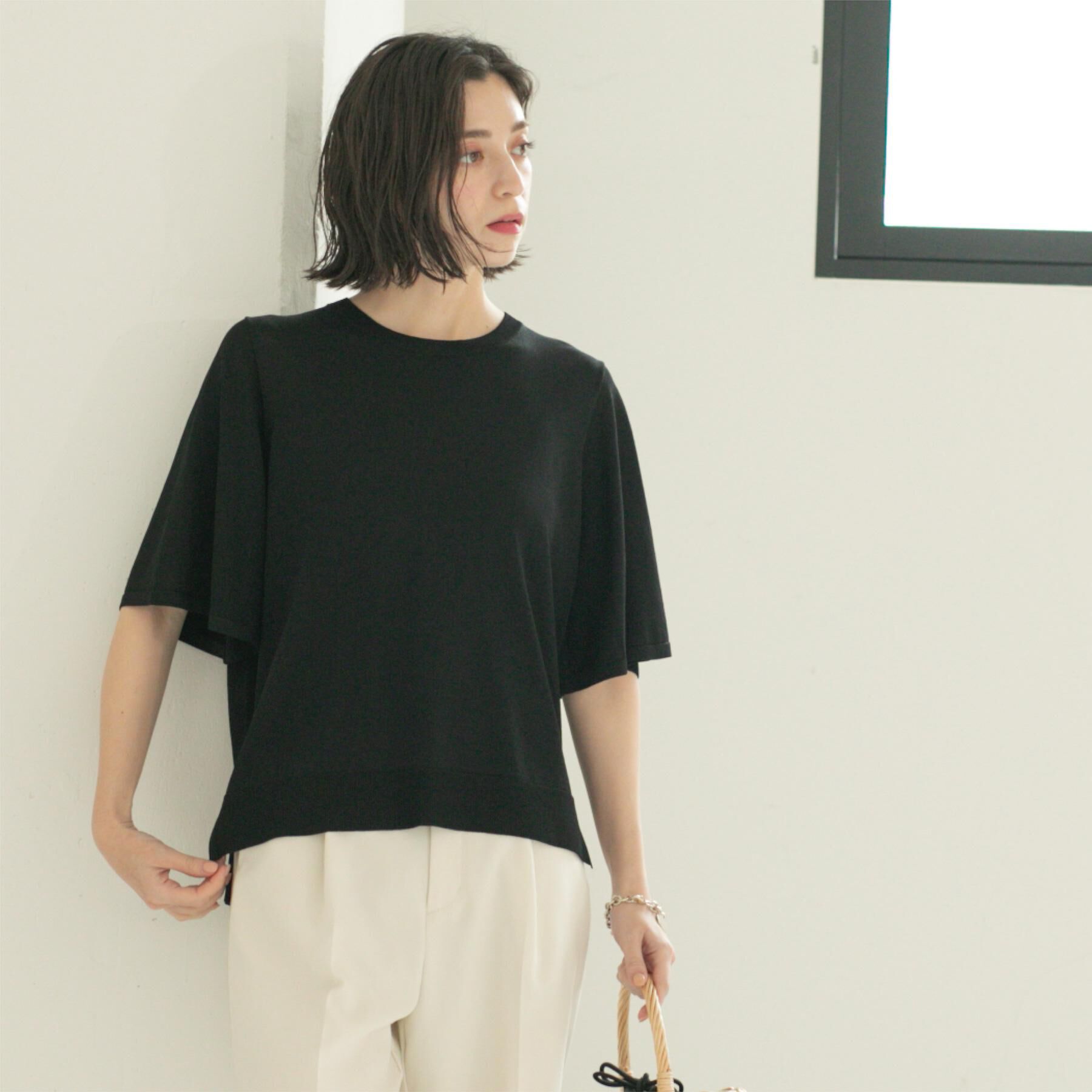 OPAQUE.CLIP「《6色展開/S-LLサイズ》フレアスリーブニット【UV/接触冷感/抗ピル/洗濯機洗い可】」|ニット・セーター|