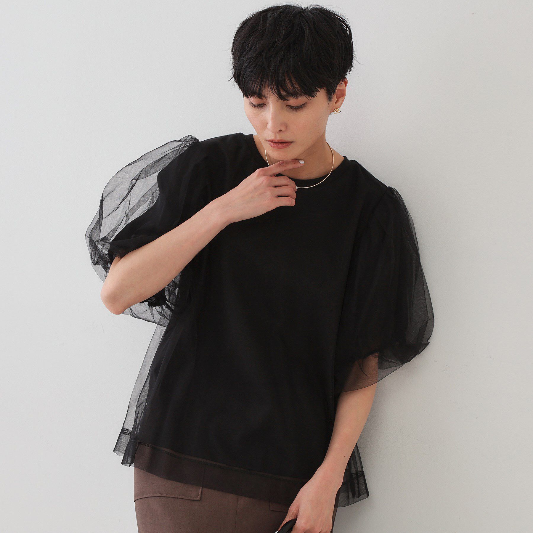 OPAQUE.CLIP「チュールレイヤードトップス【洗濯機洗い可】」|Tシャツ・カットソー|ブラック(019)