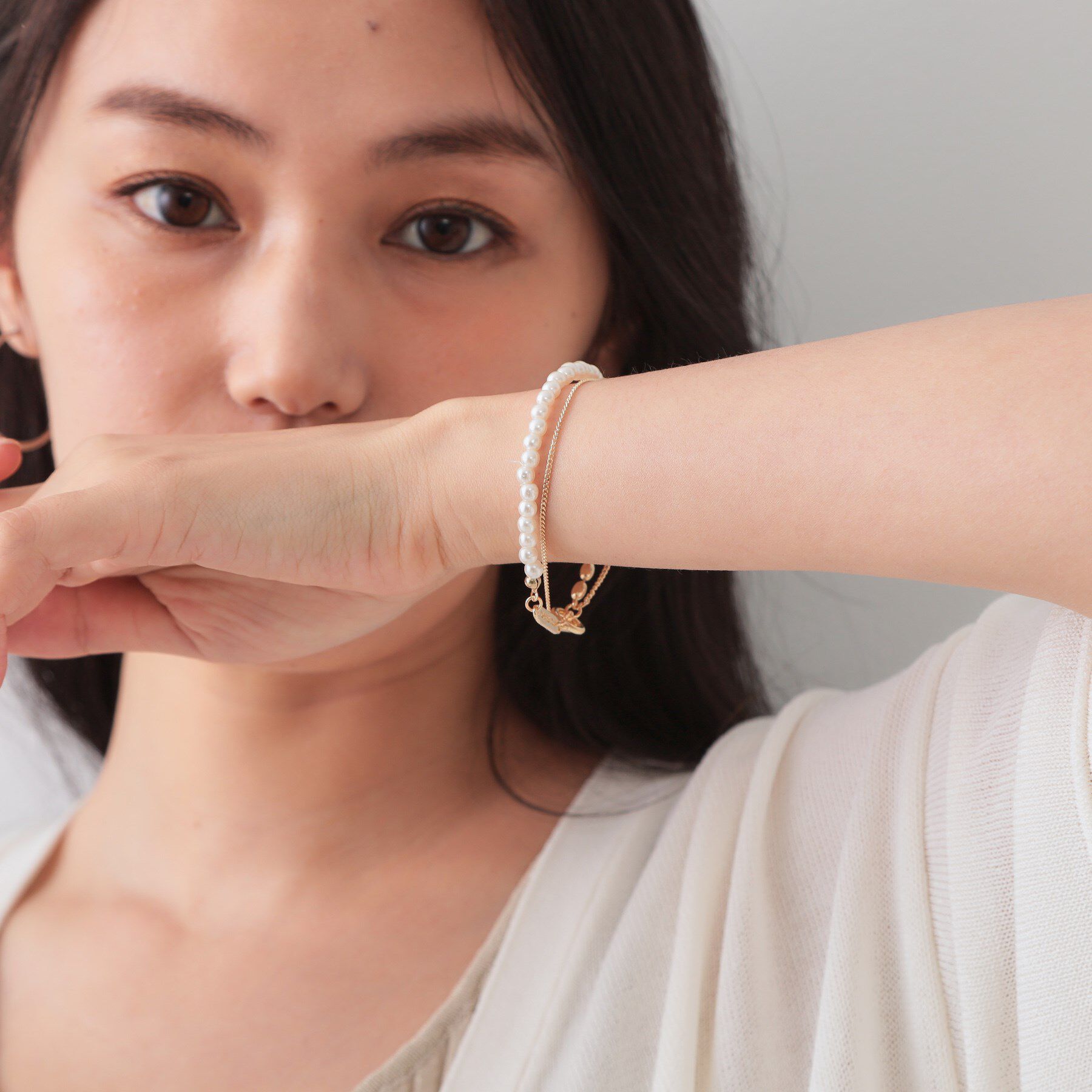 OPAQUE.CLIP「フェイクパール&times;チェーン2連ブレスレット」|ブレスレット・バングル|