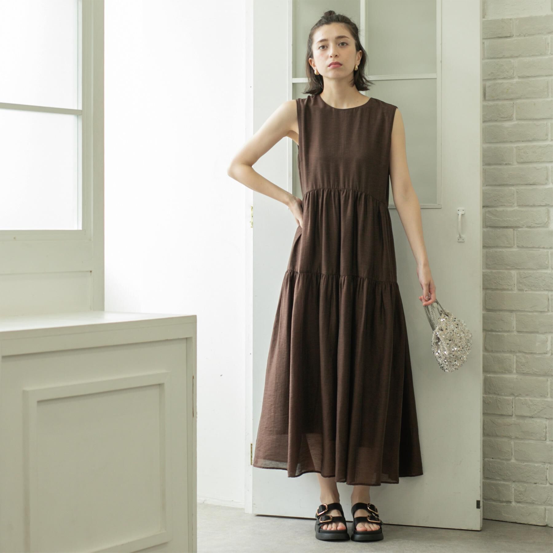 OPAQUE.CLIP「麻混シアーギャザーティアードワンピース【洗濯機洗い可】」|ワンピース|