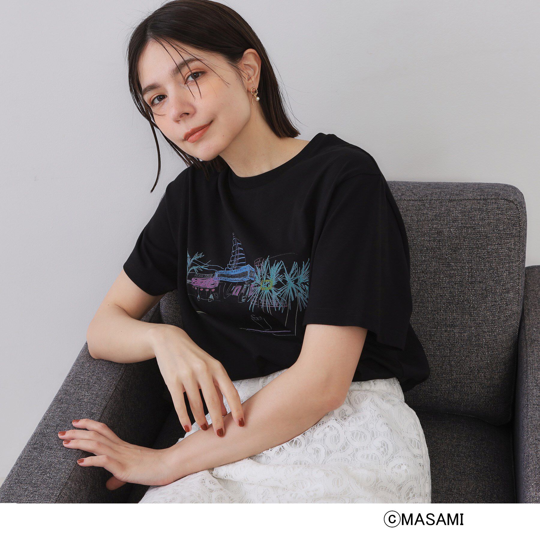 OPAQUE.CLIP「風景イラストプリントTシャツ」|Tシャツ・カットソー|ブラック(019)