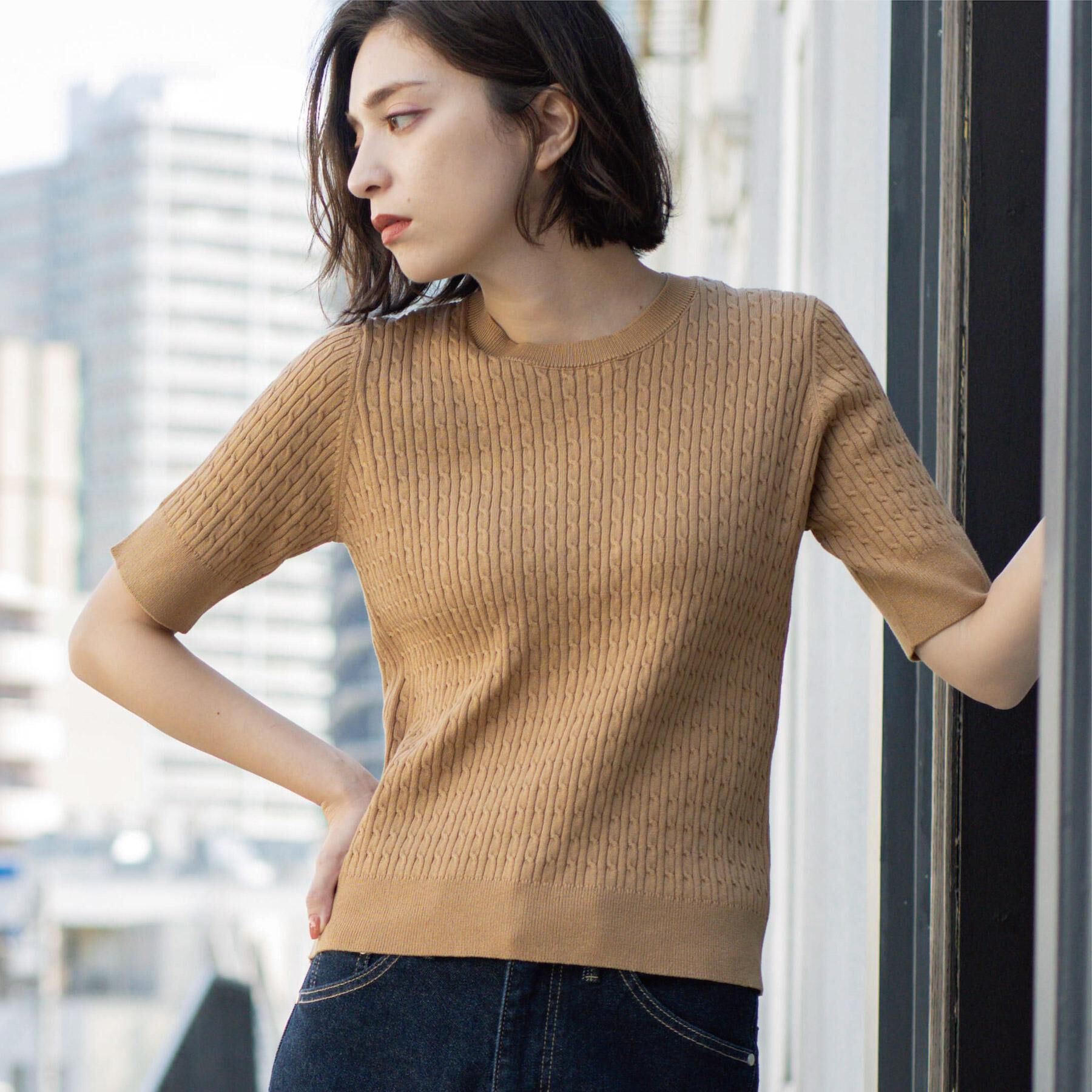 OPAQUE.CLIP「ケーブルハーフスリーブニット【UVケア/洗濯機OK】《6col/S～LL》」|ニット・セーター|キャメルブラウン(0