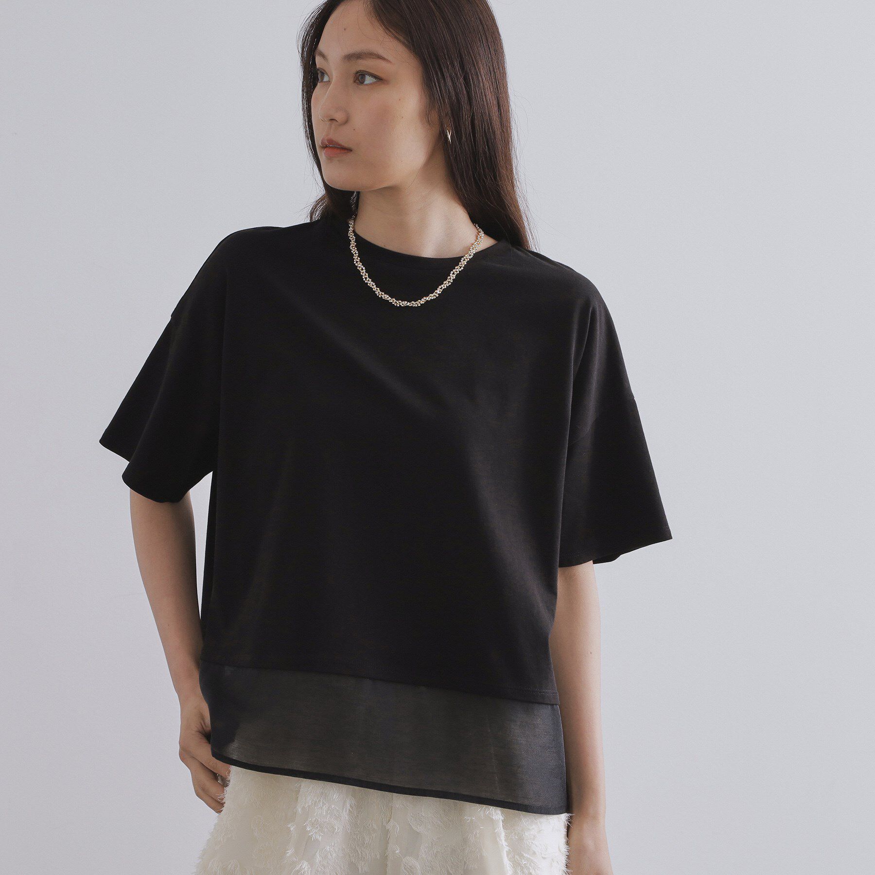 OPAQUE.CLIP「裾シアードッキングボクシーTシャツ【洗濯機洗い可】」|Tシャツ・カットソー|ブラック(019)