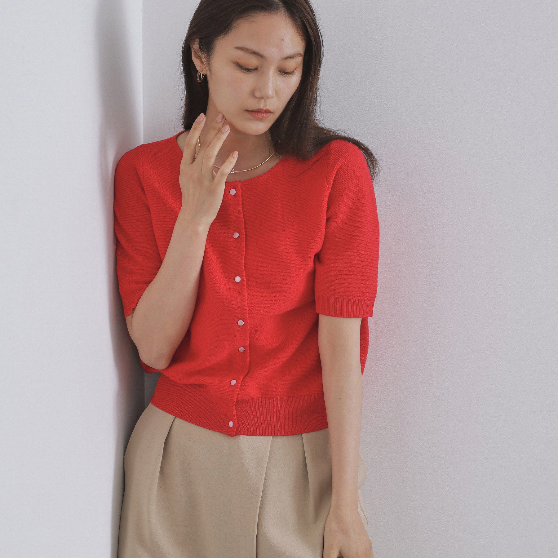 OPAQUE.CLIP「ガーダーニットカーディガン【UVケア/洗濯機洗い可】」|カーディガン|レッド(062)