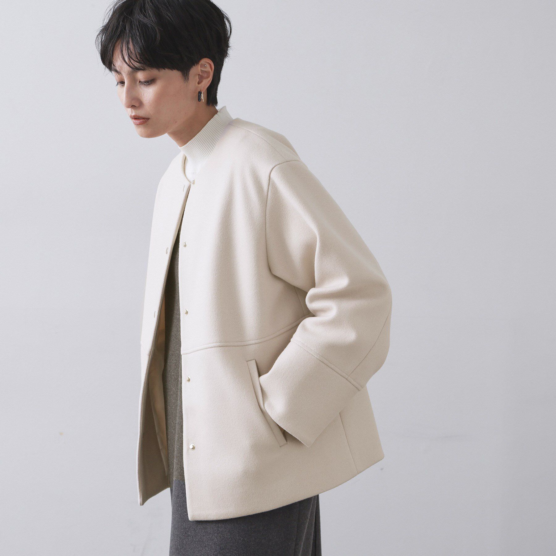 OPAQUE.CLIP「ウールライクメルトンノーカラーコート【洗濯機洗い可】」|ノーカラーコート|