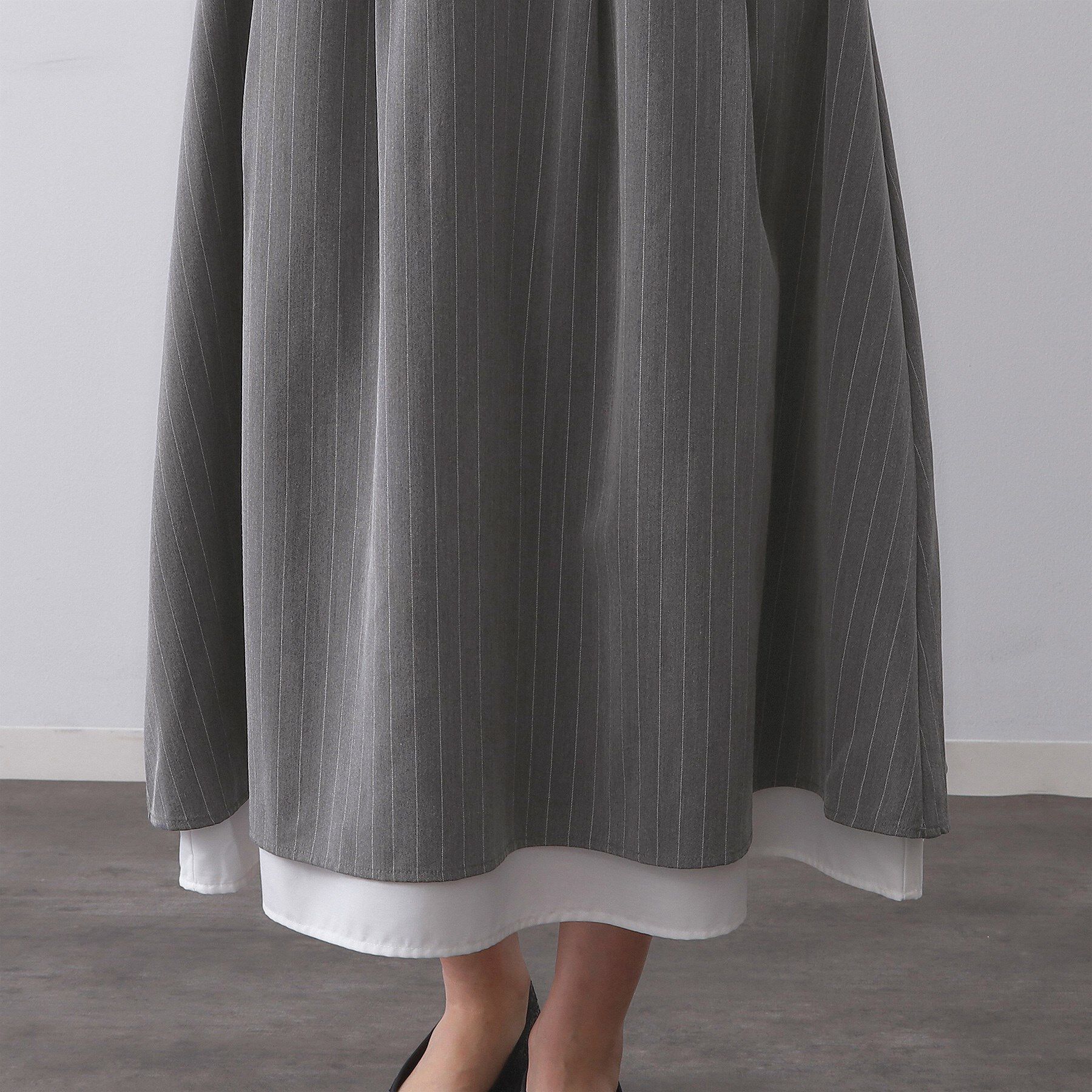 OPAQUE.CLIP「ピンストライプレイヤード風フレアスカート【洗濯機洗い可】」|スカート|