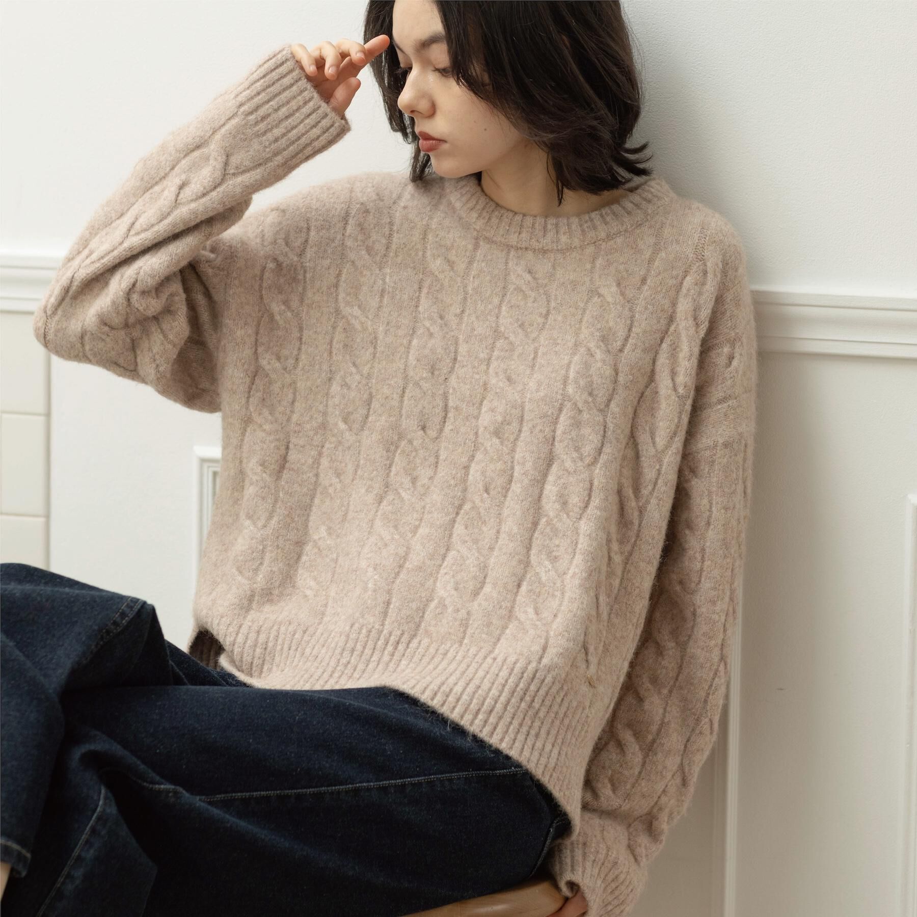 OPAQUE.CLIP「MIXミドルゲージケーブルニット【洗濯機OK】」|ニット・セーター|ベージュ(052)