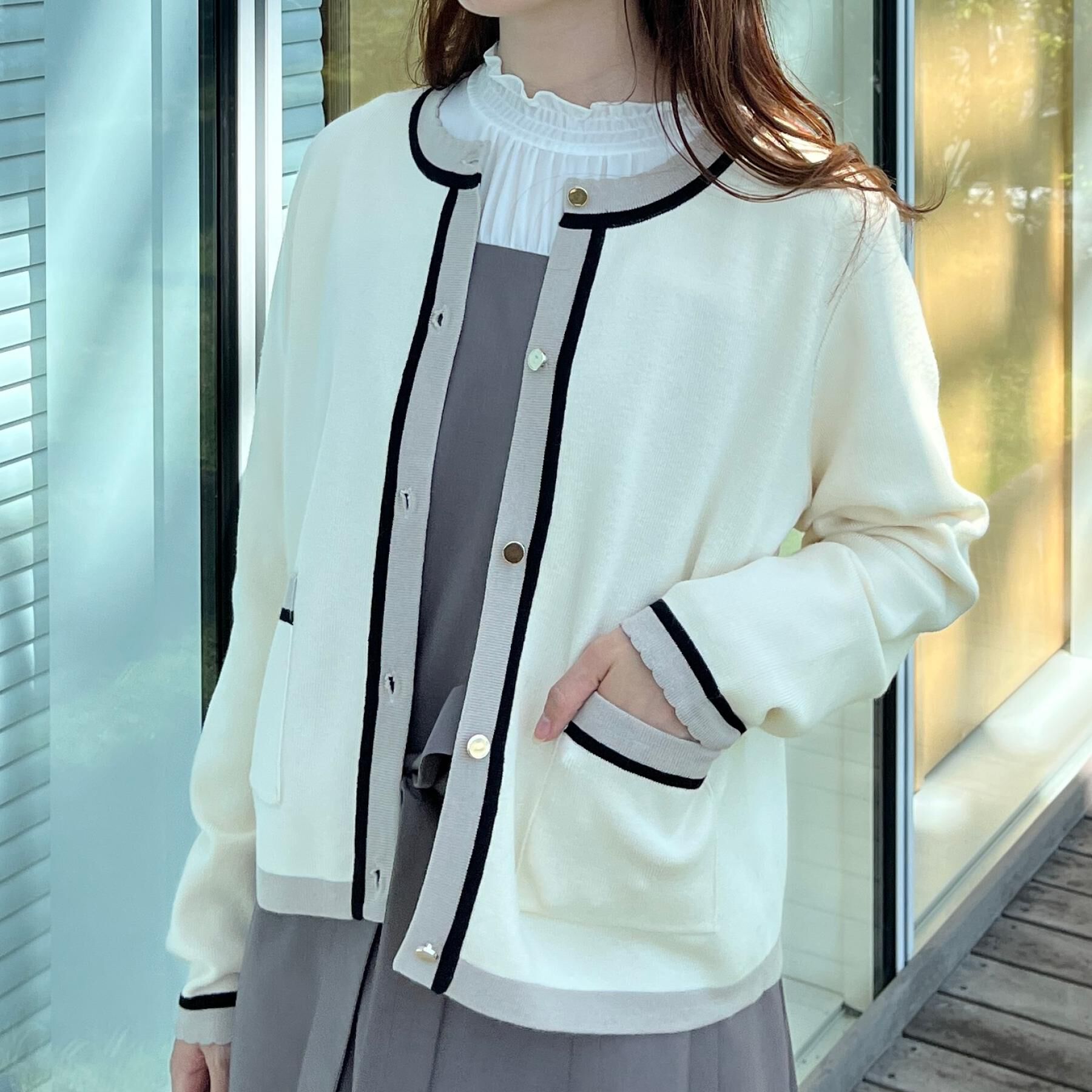 Couture broach「【高見え・通勤・大人可愛い】配色総針スカラカーディガン」|カーディガン|